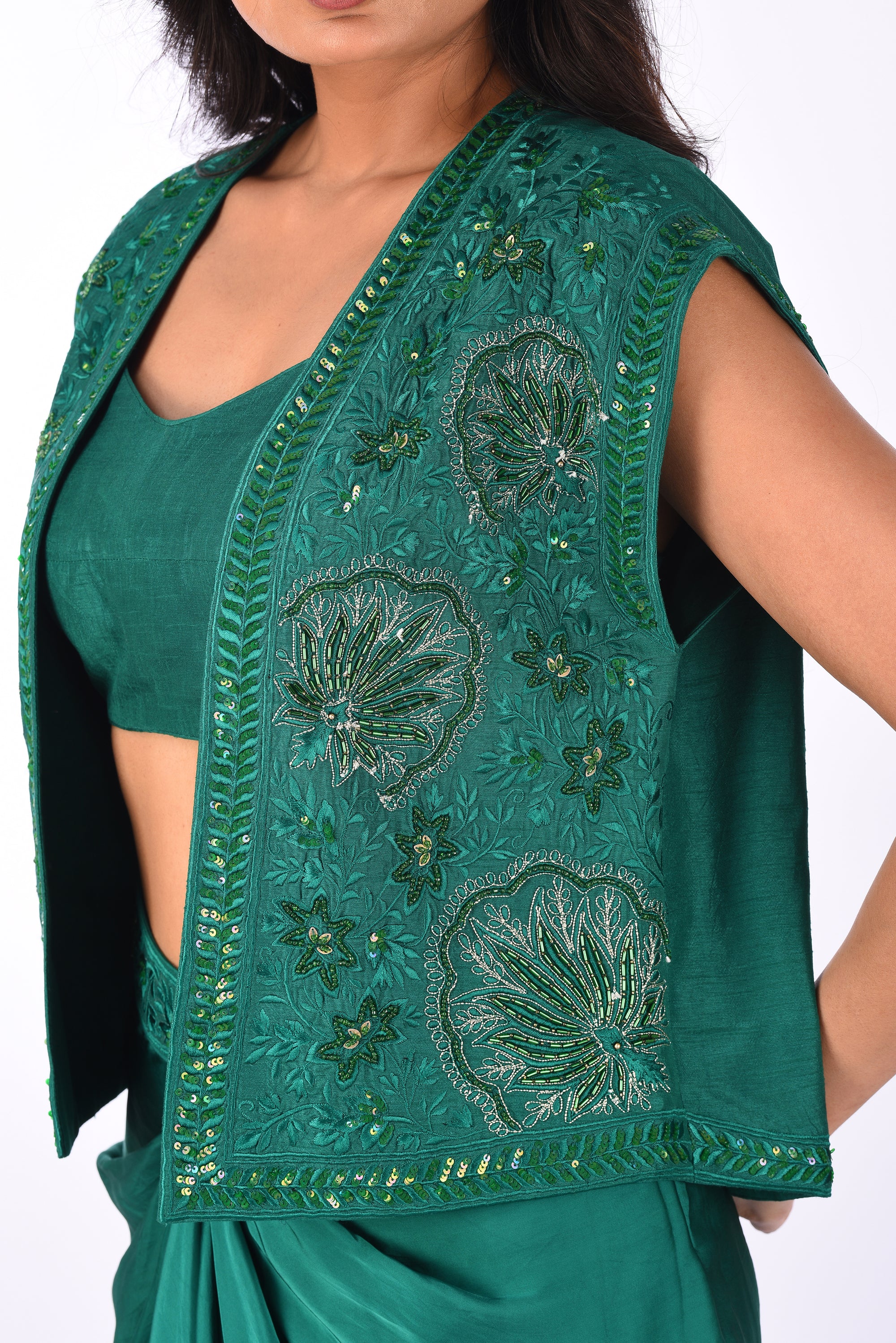 Emerald Draped Saree Set with Embroidered Jacket