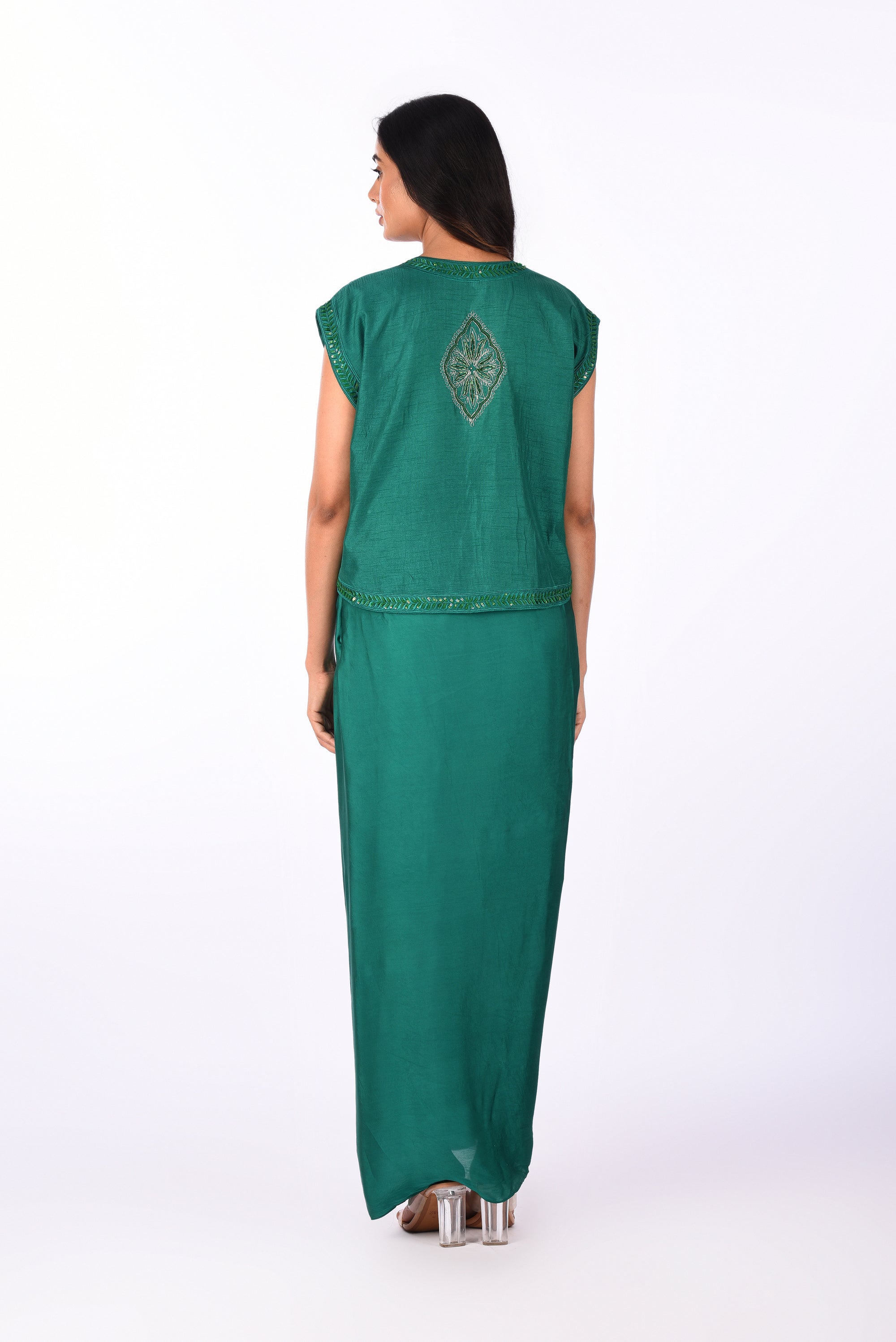 Emerald Draped Saree Set with Embroidered Jacket