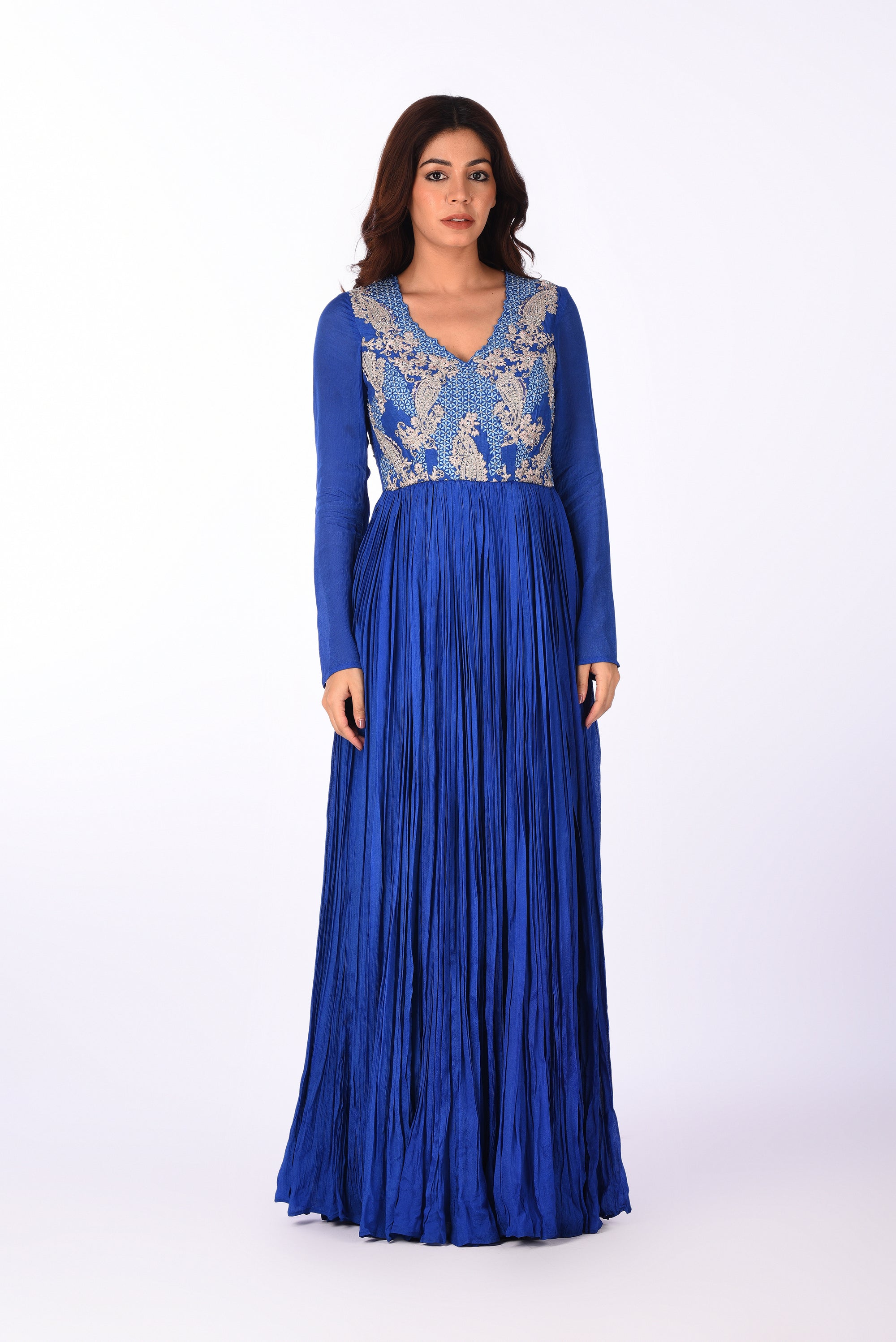 Royal Blue Embroidered Crinkle Anarkali Set