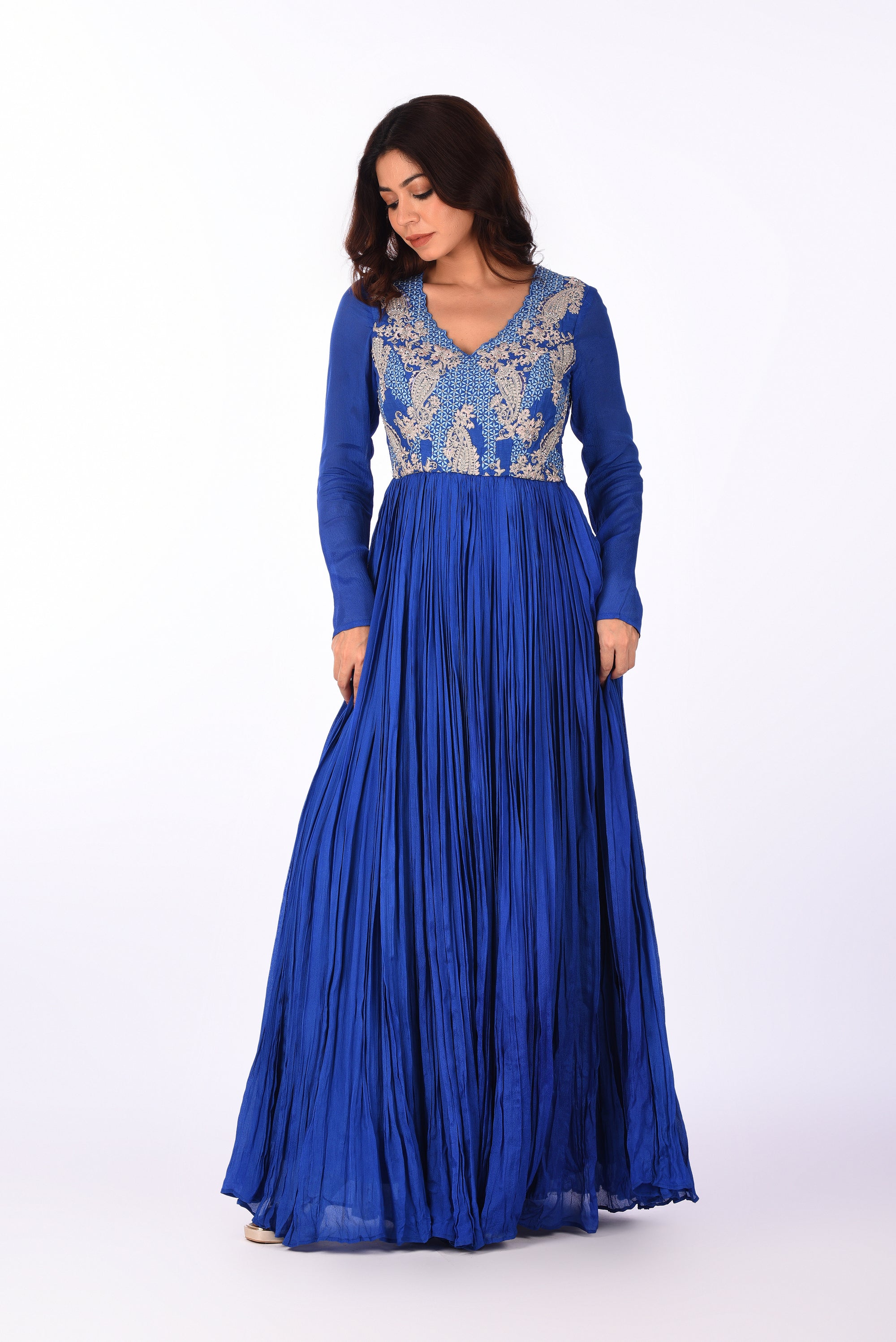 Royal Blue Embroidered Crinkle Anarkali Set
