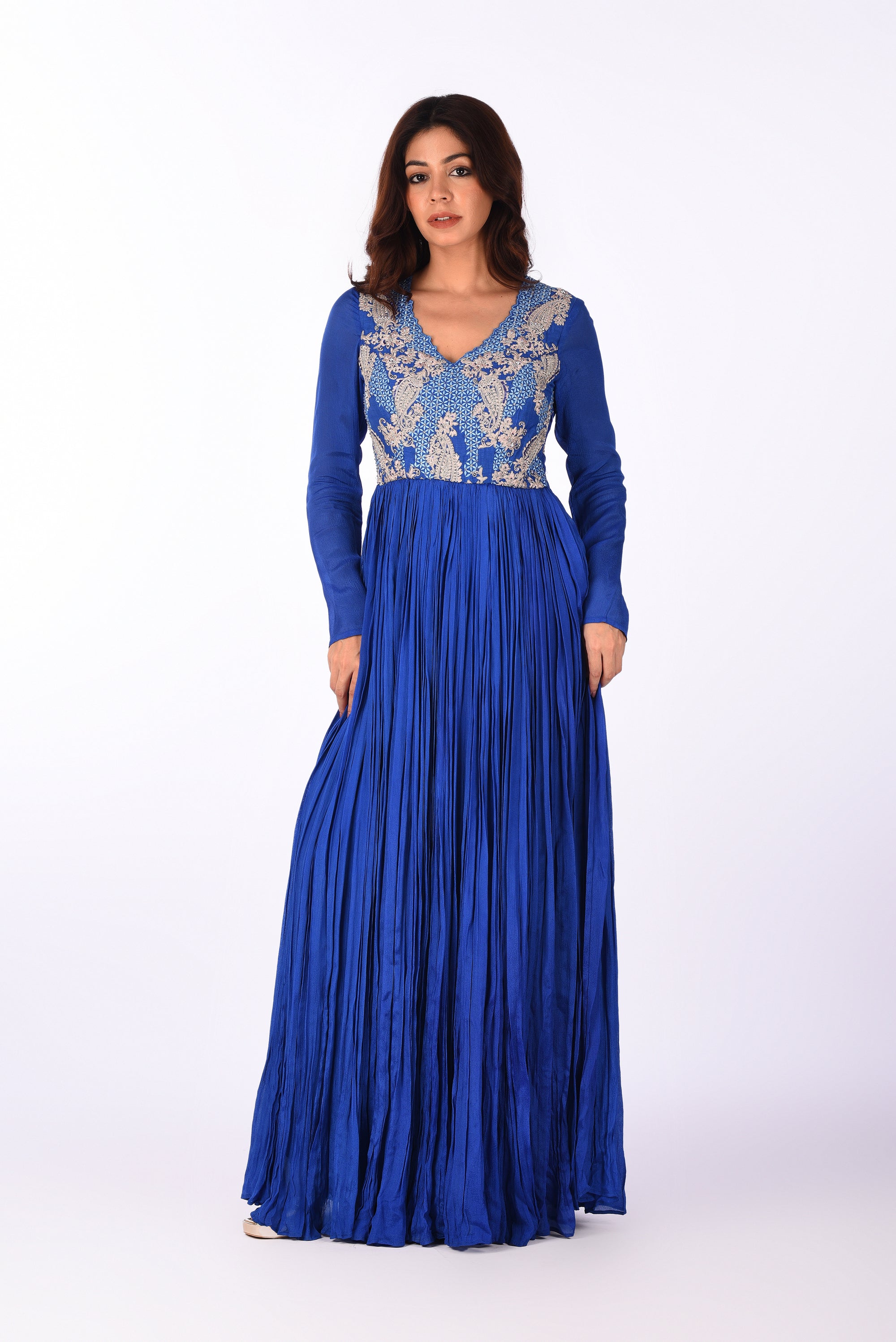 Royal Blue Embroidered Crinkle Anarkali Set