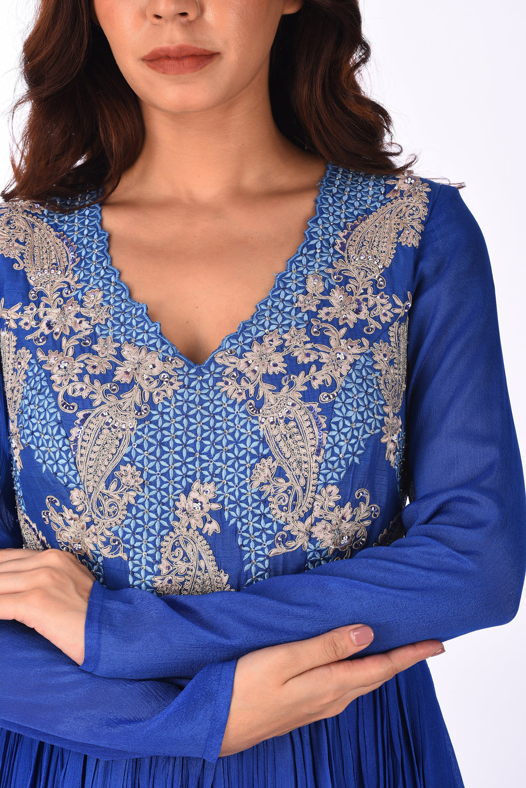 Royal Blue Embroidered Crinkle Anarkali Set