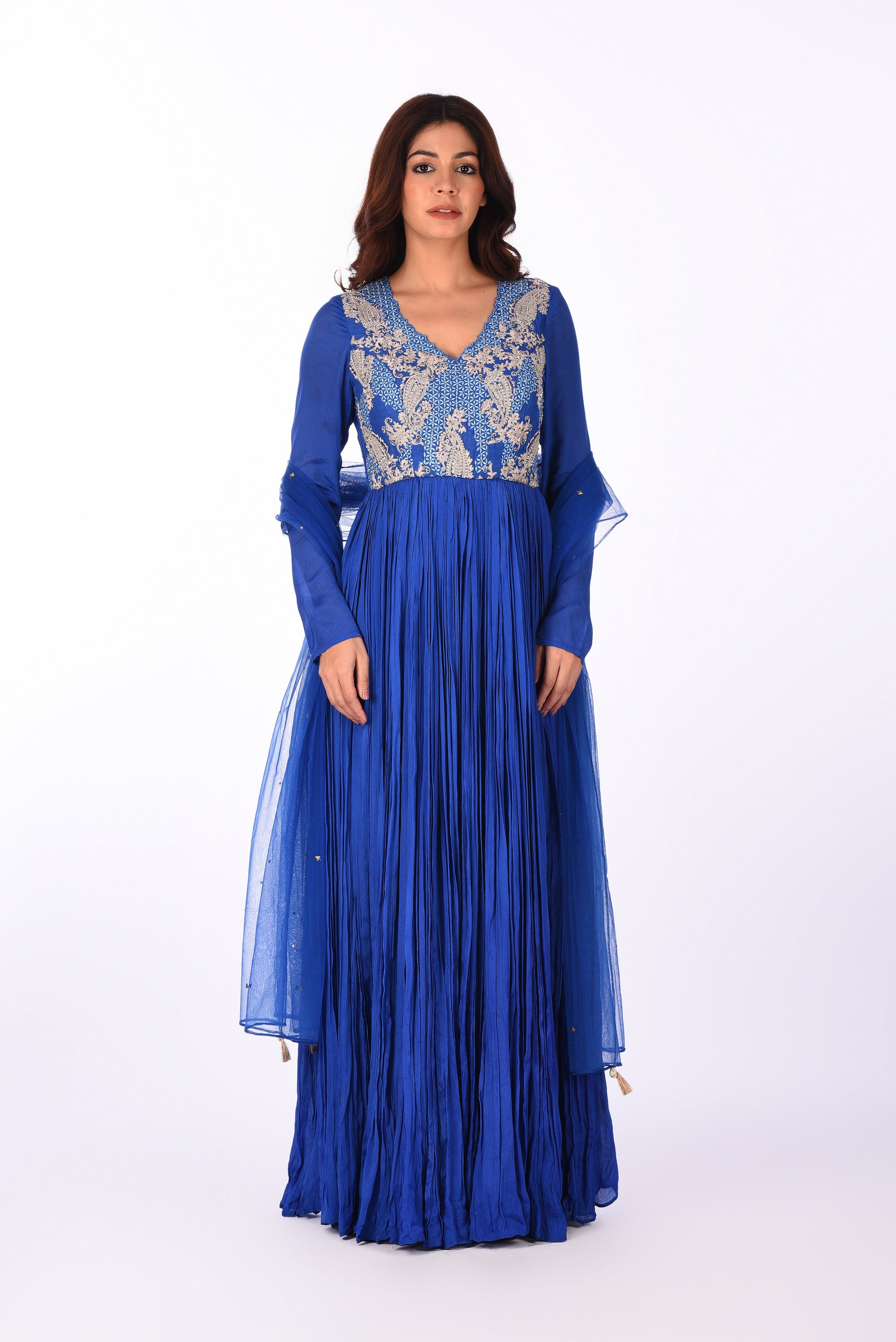 Royal Blue Embroidered Crinkle Anarkali Set