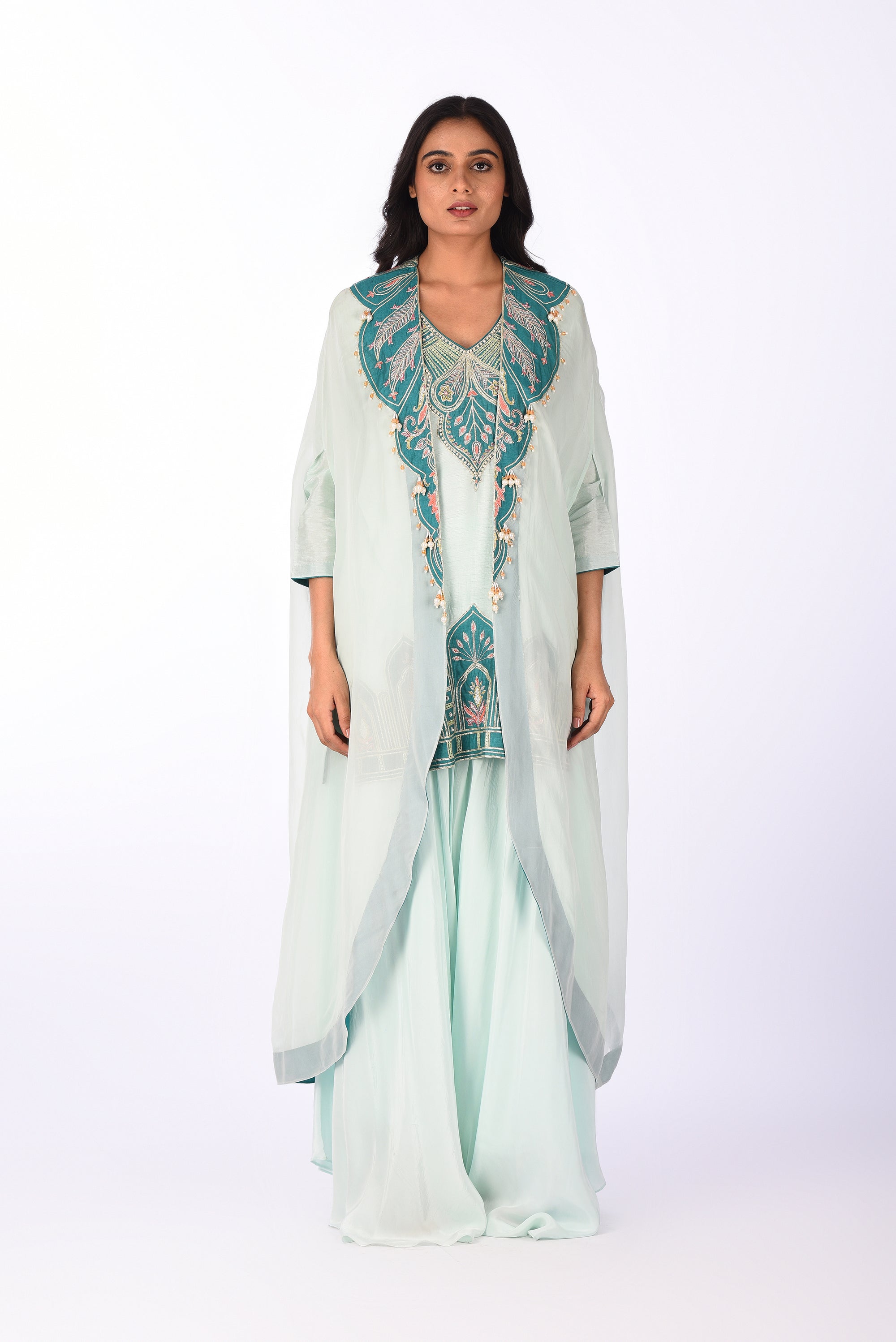 Aqua Blue Embroidered Jacket Kurta Palazzo Set
