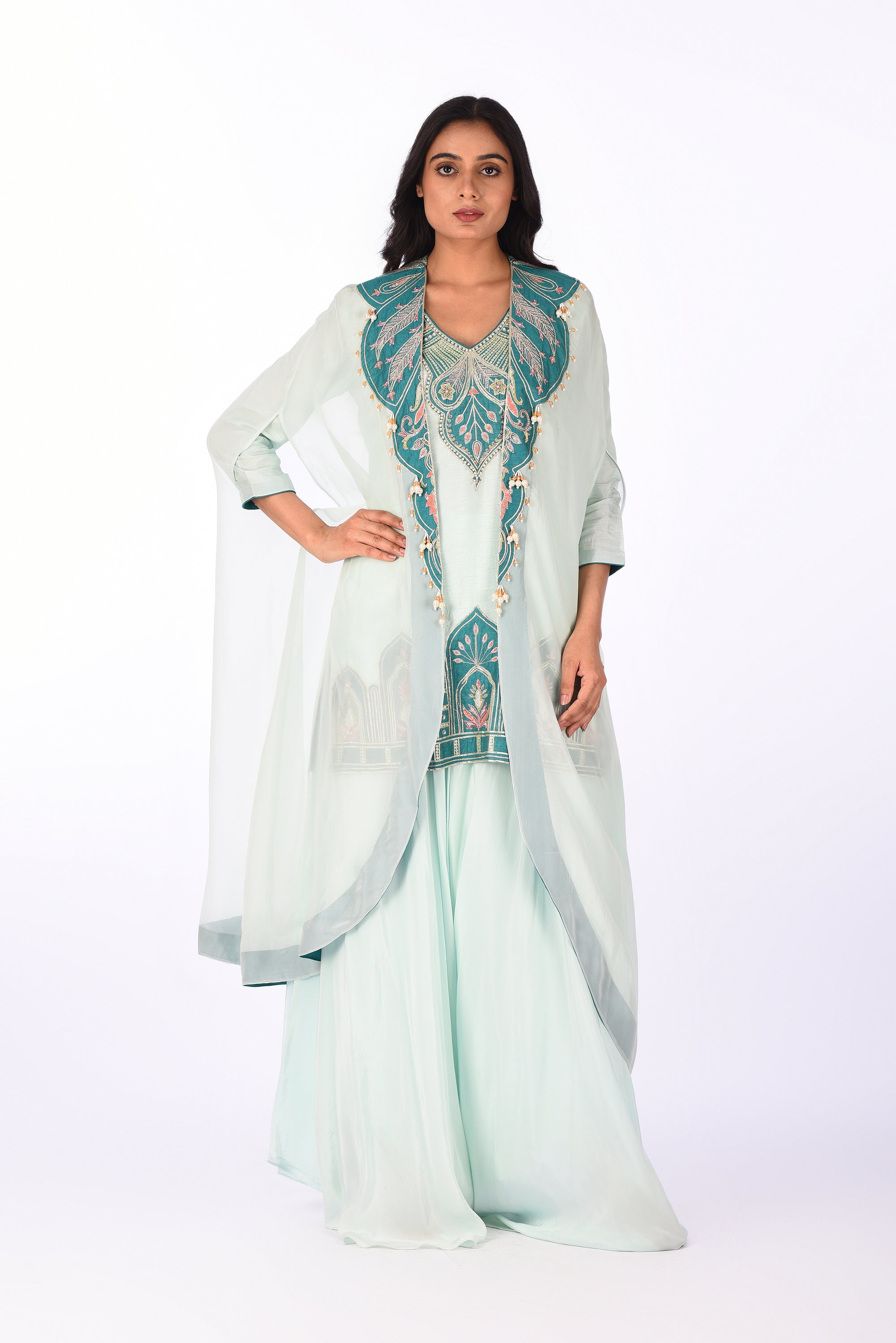 Aqua Blue Embroidered Jacket Kurta Palazzo Set