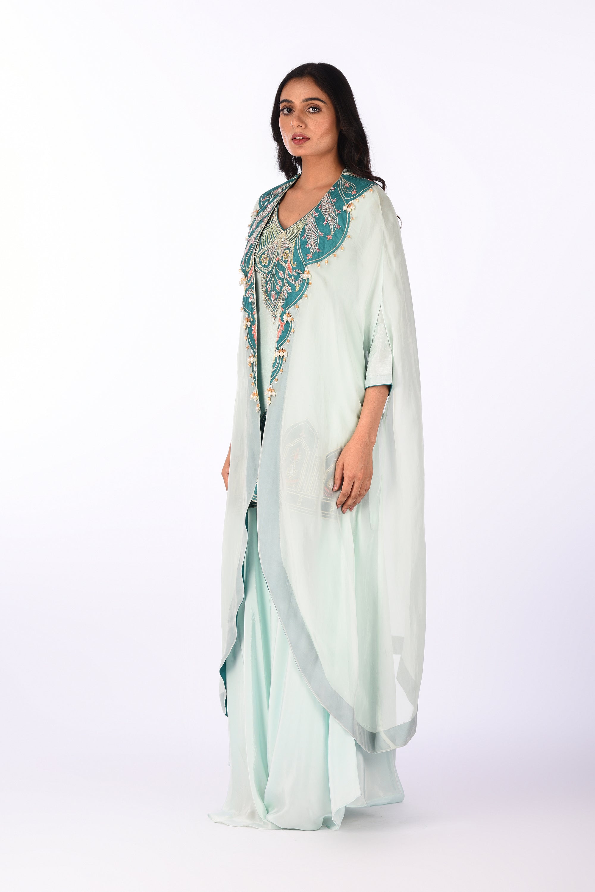 Aqua Blue Embroidered Jacket Kurta Palazzo Set