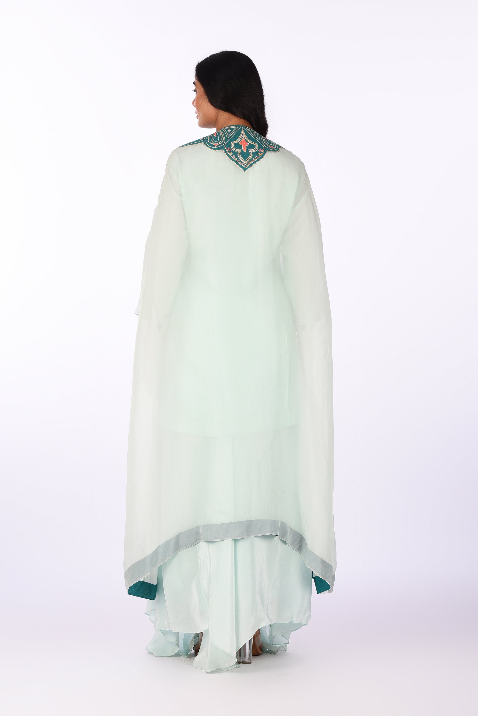 Aqua Blue Embroidered Jacket Kurta Palazzo Set