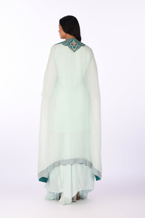 Aqua Blue Embroidered Jacket Kurta Palazzo Set