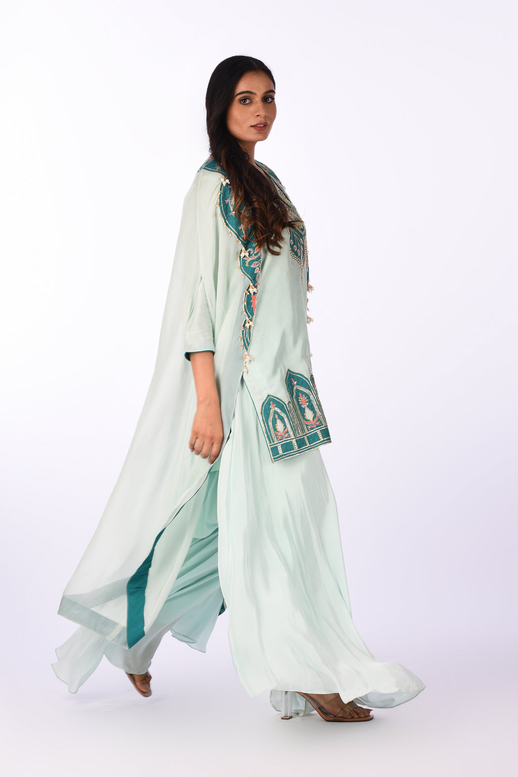 Aqua Blue Embroidered Jacket Kurta Palazzo Set