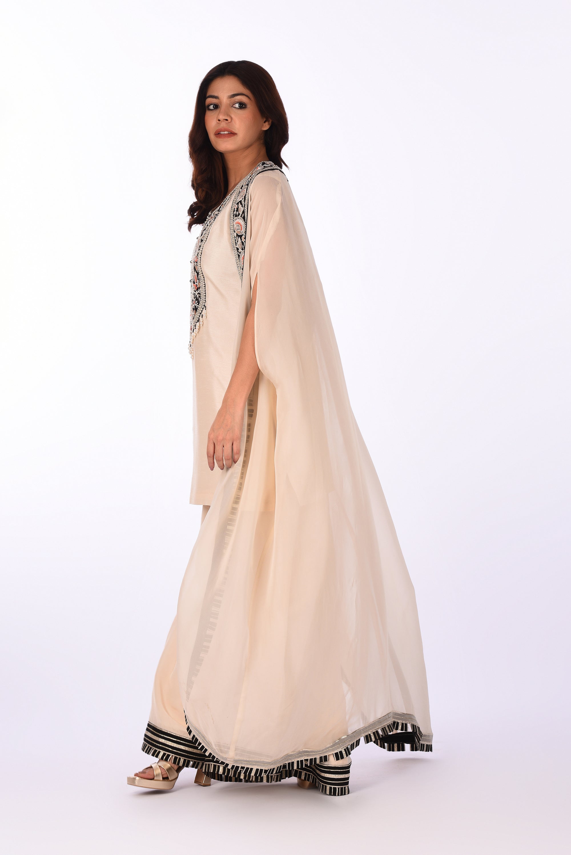 Ivory Embroidered Jacket Kurta Palazzo Set
