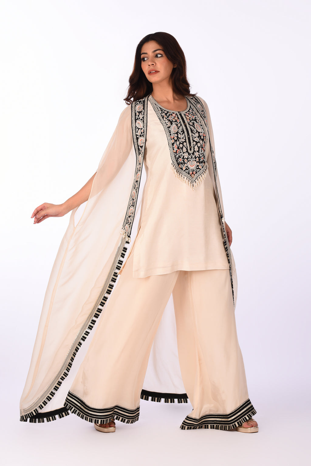 Ivory Embroidered Jacket Kurta Palazzo Set