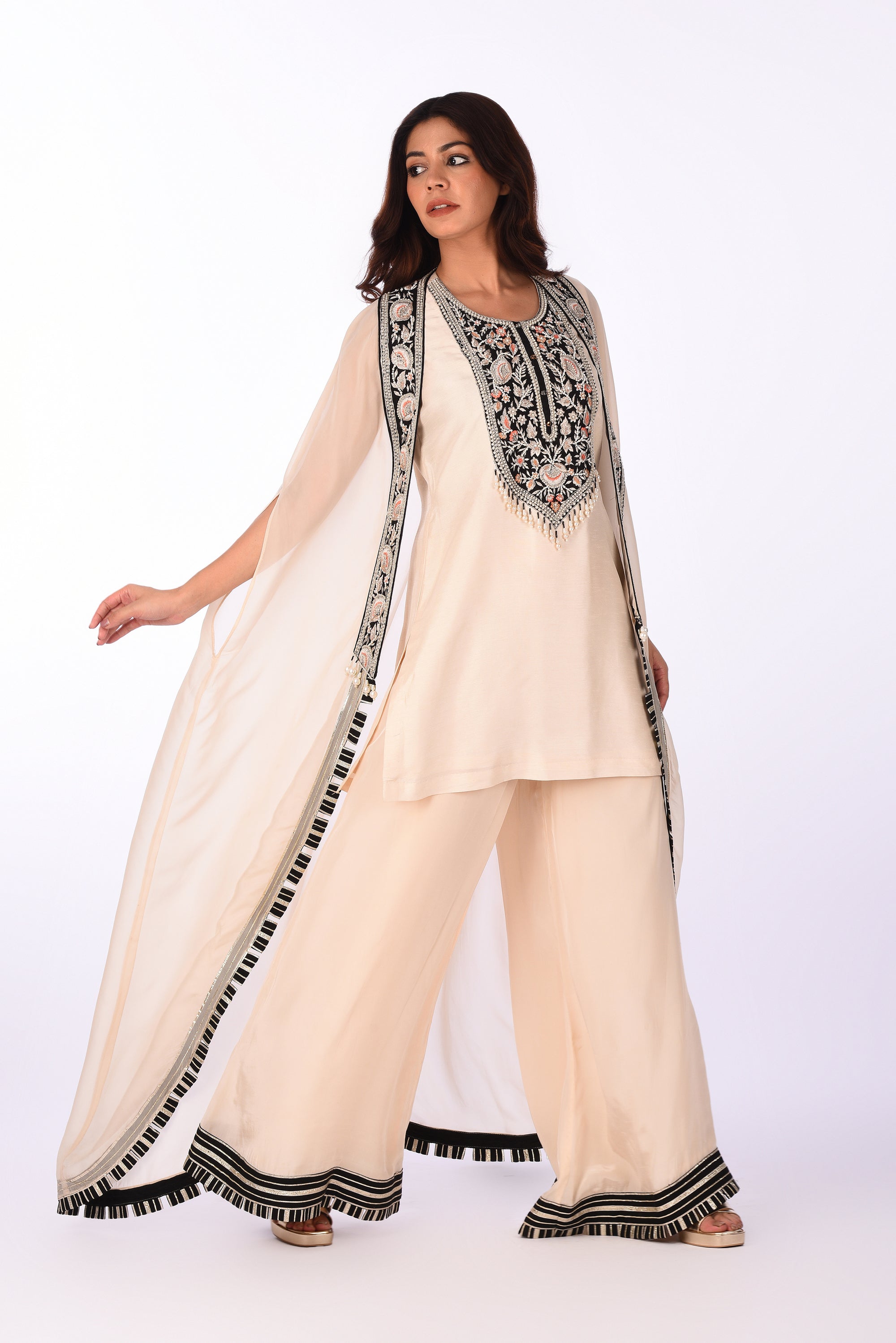 Ivory Embroidered Jacket Kurta Palazzo Set