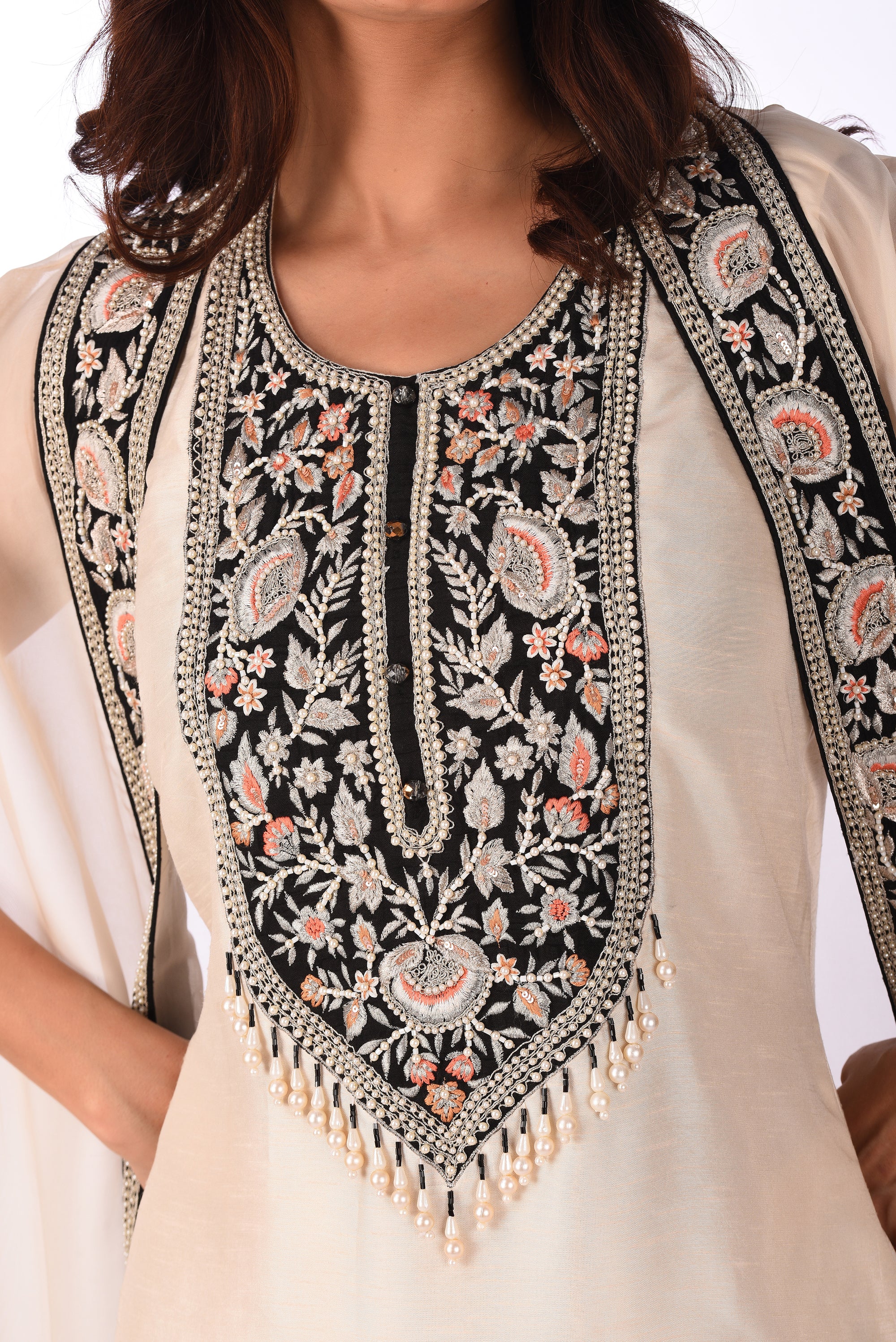 Ivory Embroidered Jacket Kurta Palazzo Set