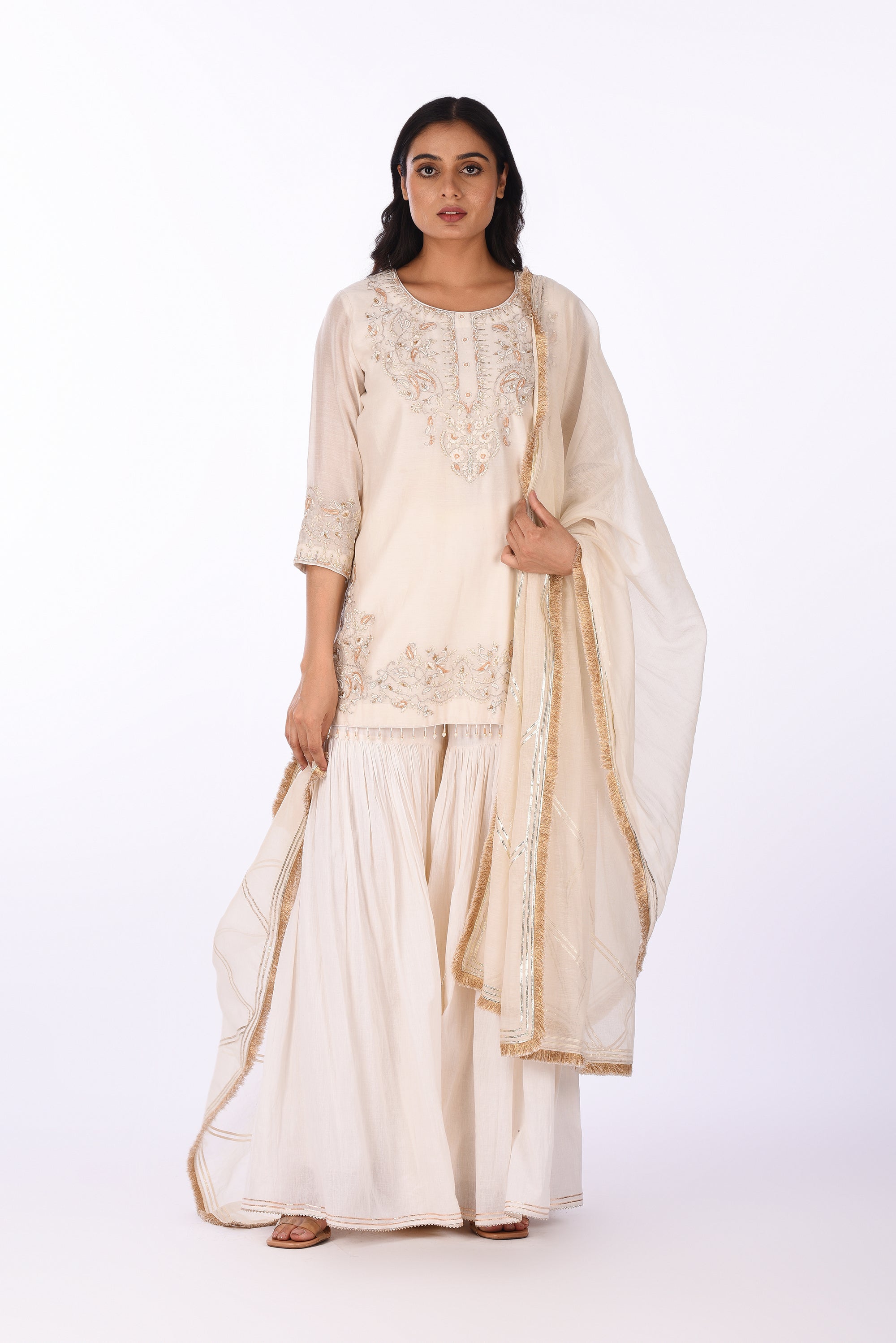 Ivory Embroidered Kurta Sharara Set with Dupatta