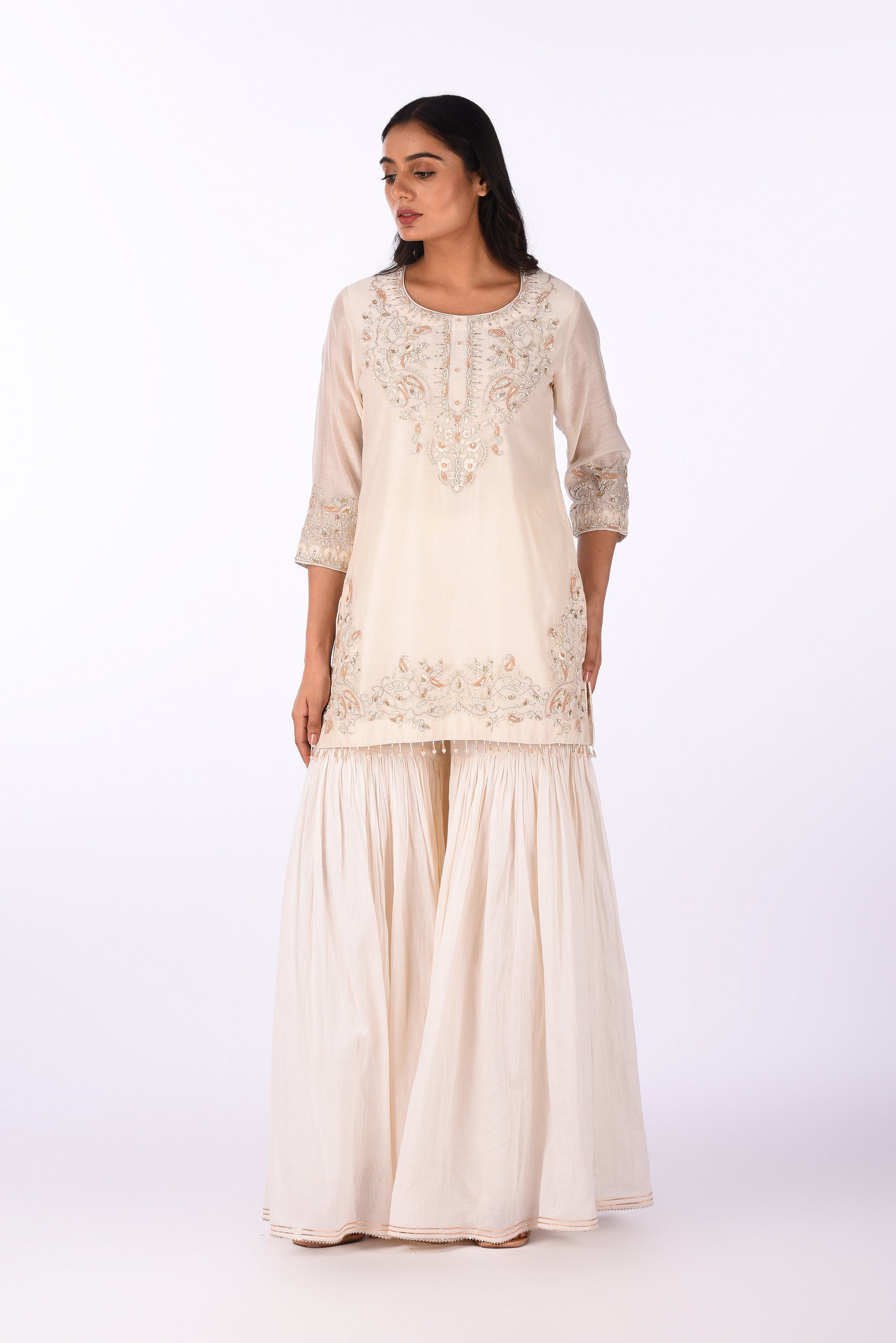 Ivory Embroidered Kurta Sharara Set with Dupatta
