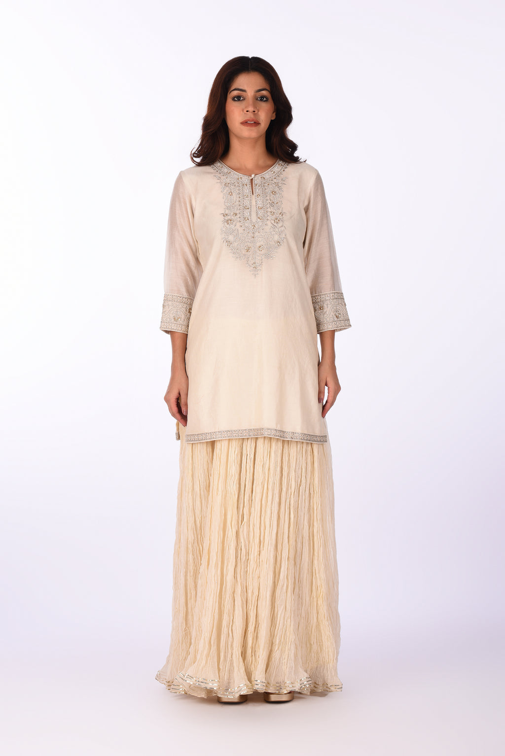 Ivory Embroidered Kurta Skirt Set with Dupatta
