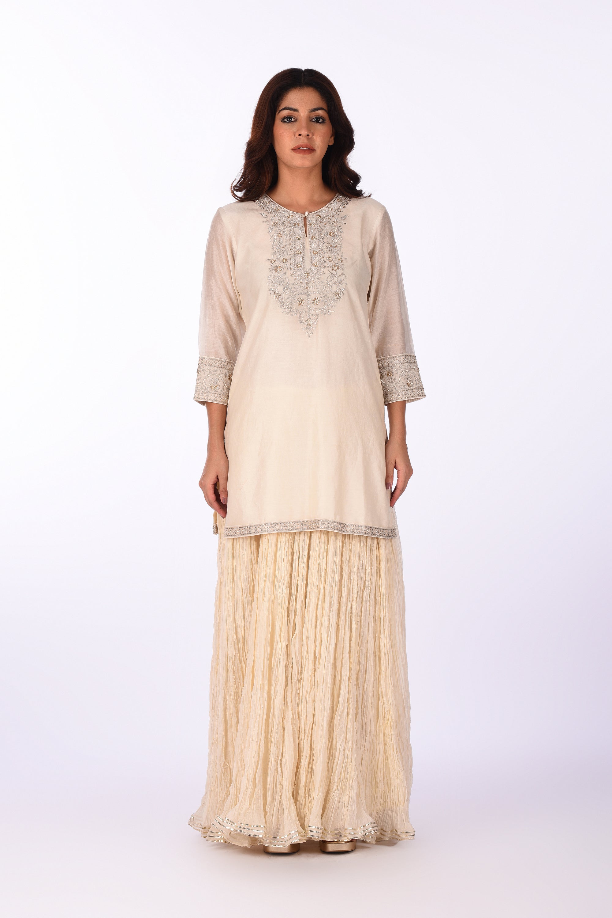 Ivory Embroidered Kurta Skirt Set with Dupatta