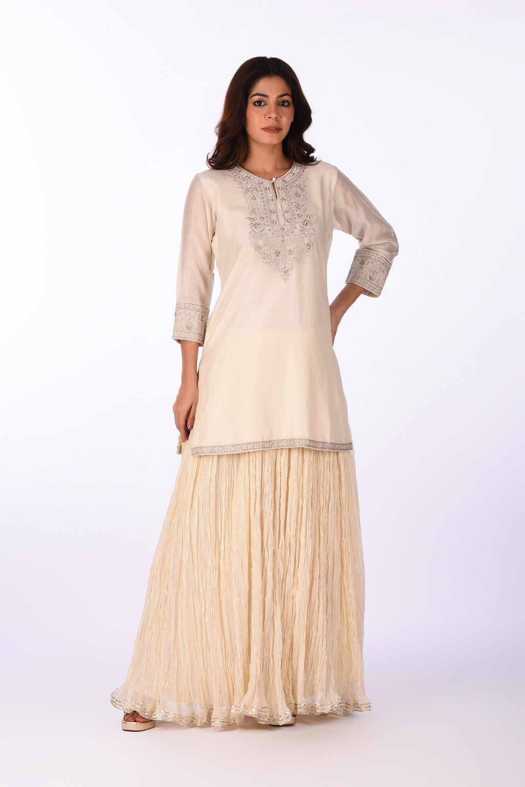 Ivory Embroidered Kurta Skirt Set with Dupatta
