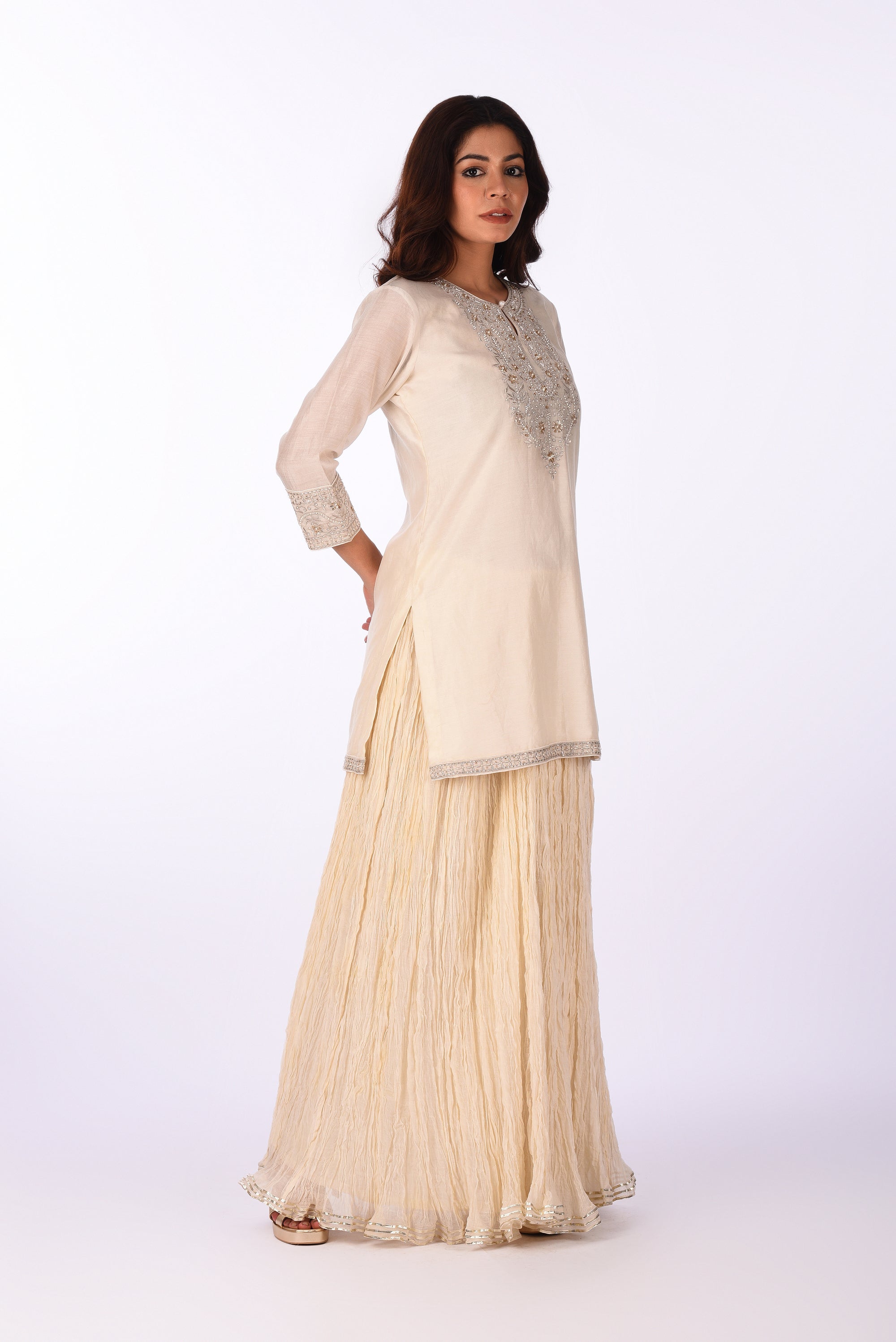 Ivory Embroidered Kurta Skirt Set with Dupatta