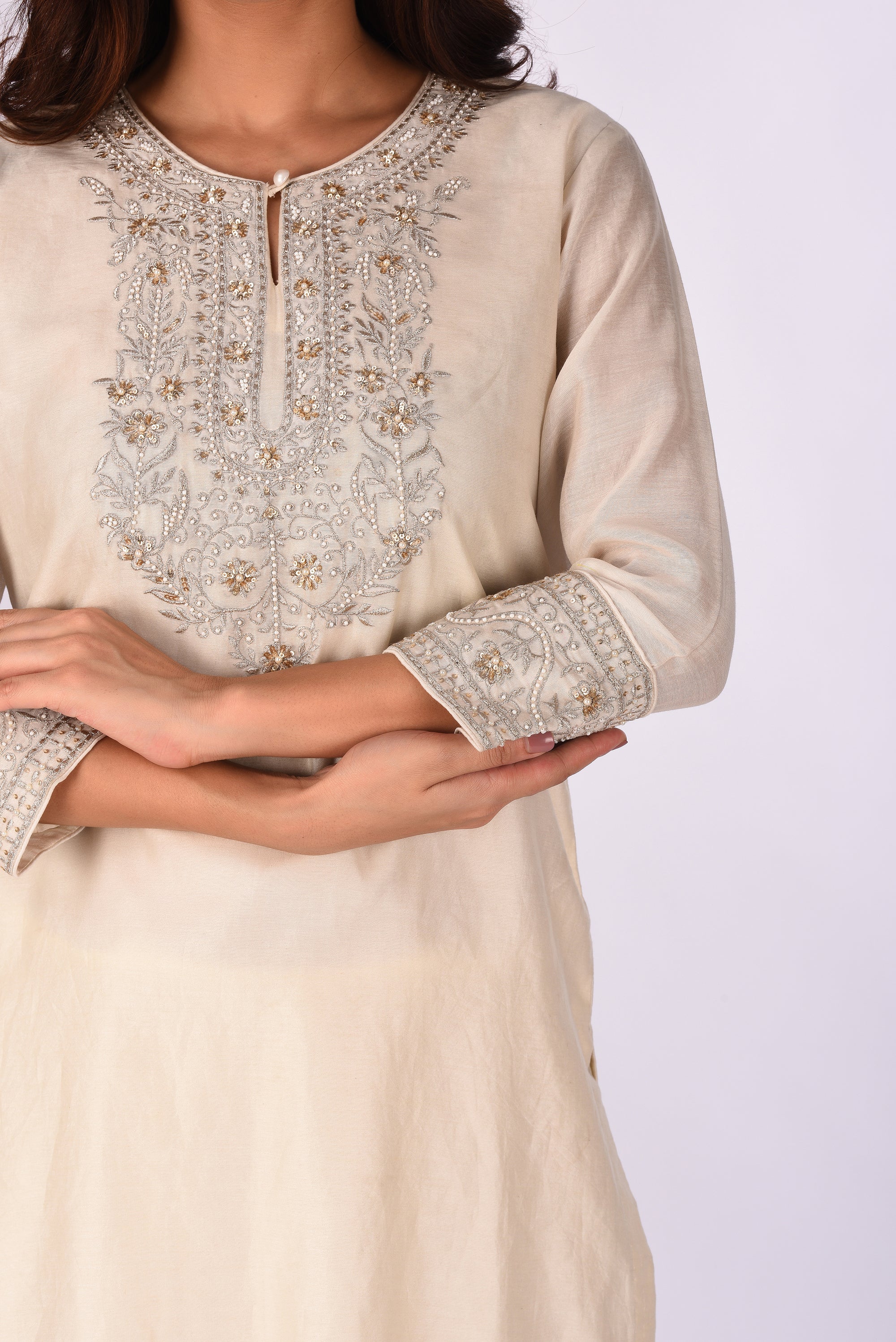 Ivory Embroidered Kurta Skirt Set with Dupatta