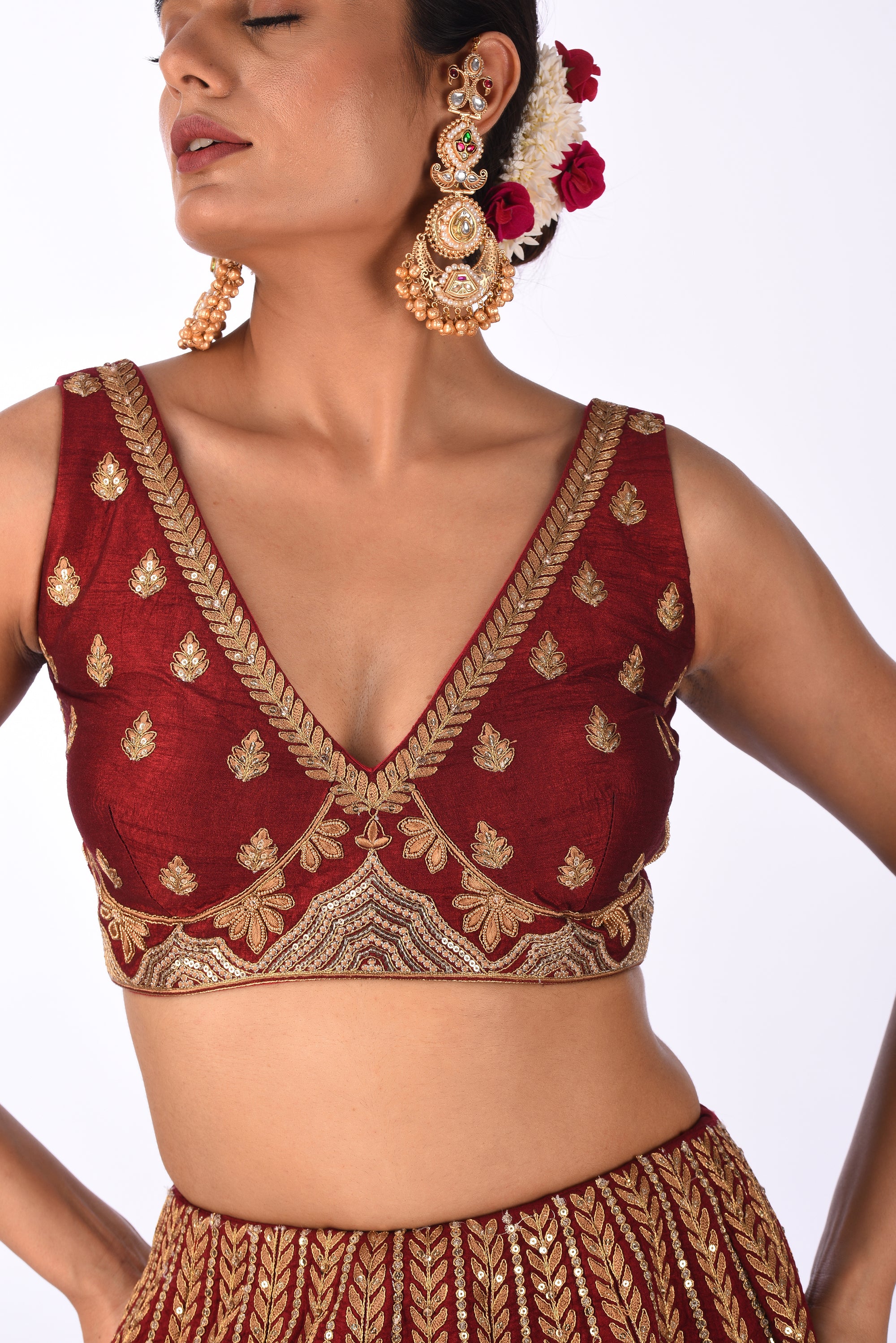 Maroon Velvet Embroidered Bridal Lehenga Set