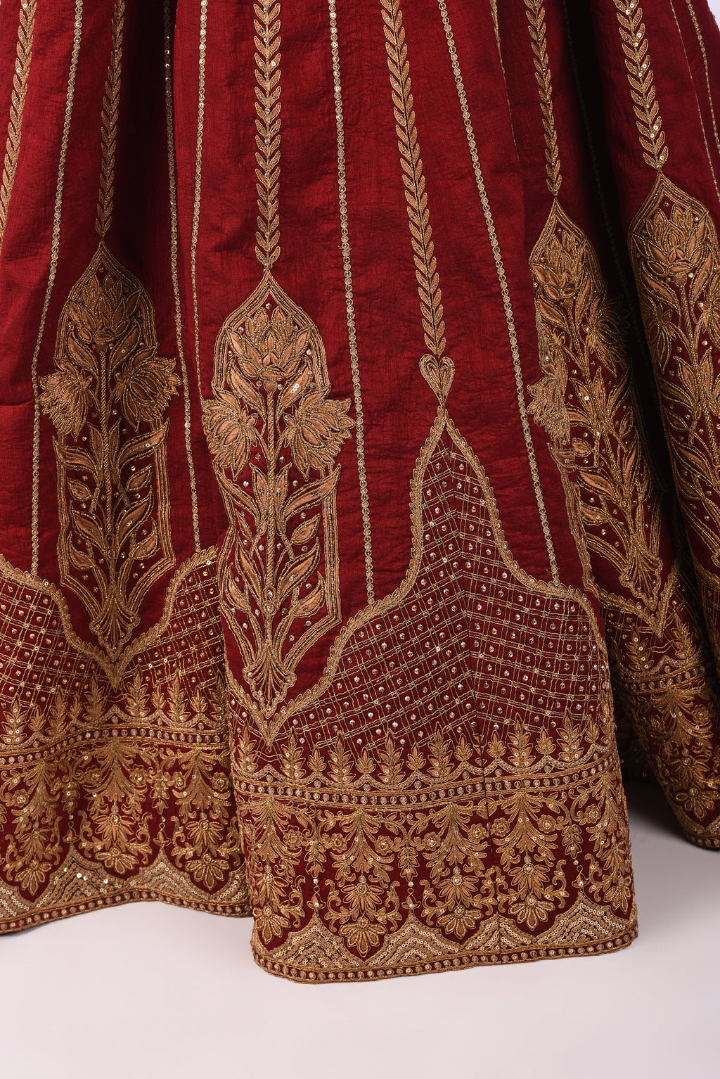Maroon Velvet Embroidered Bridal Lehenga Set