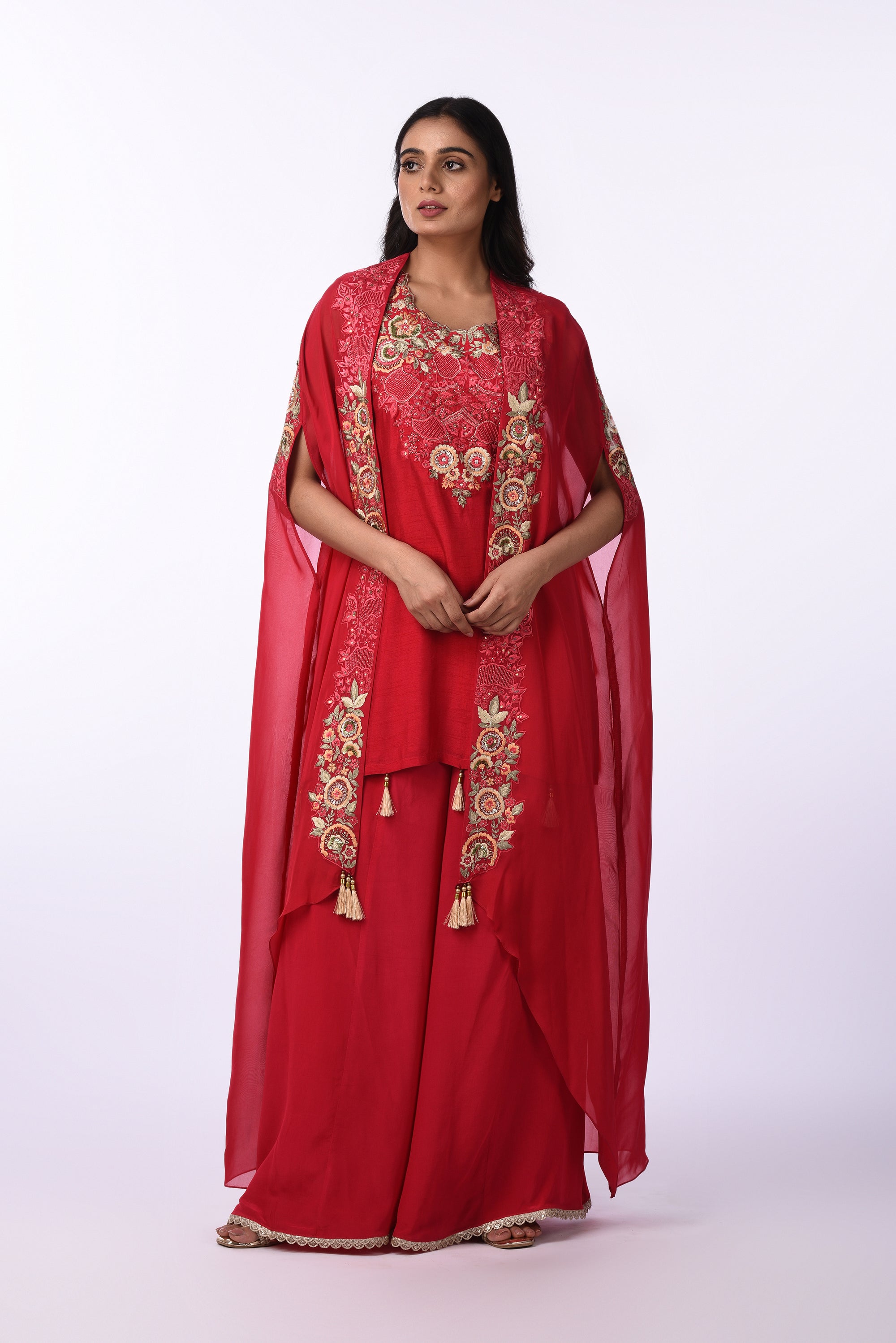 Crimson Red Embroidered Palazzo Suit Set with Tassel Dupatta