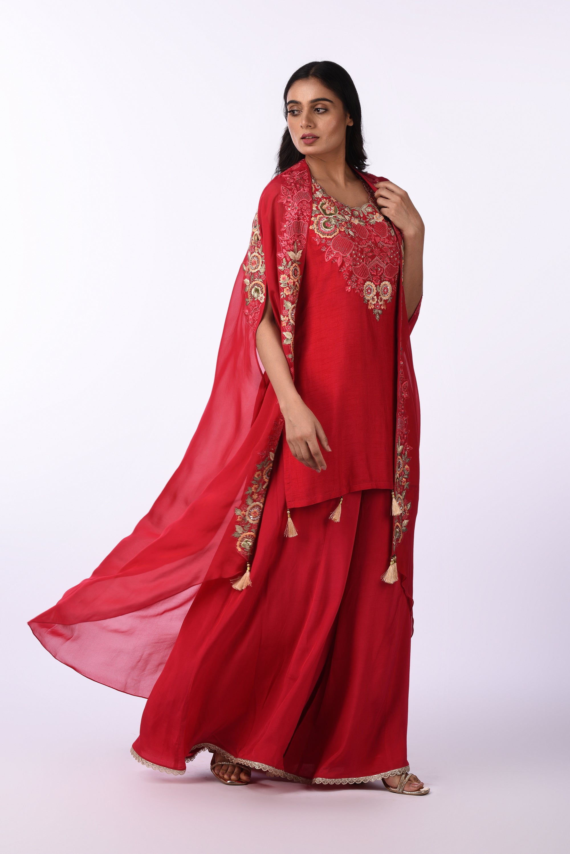 Crimson Red Embroidered Palazzo Suit Set with Tassel Dupatta