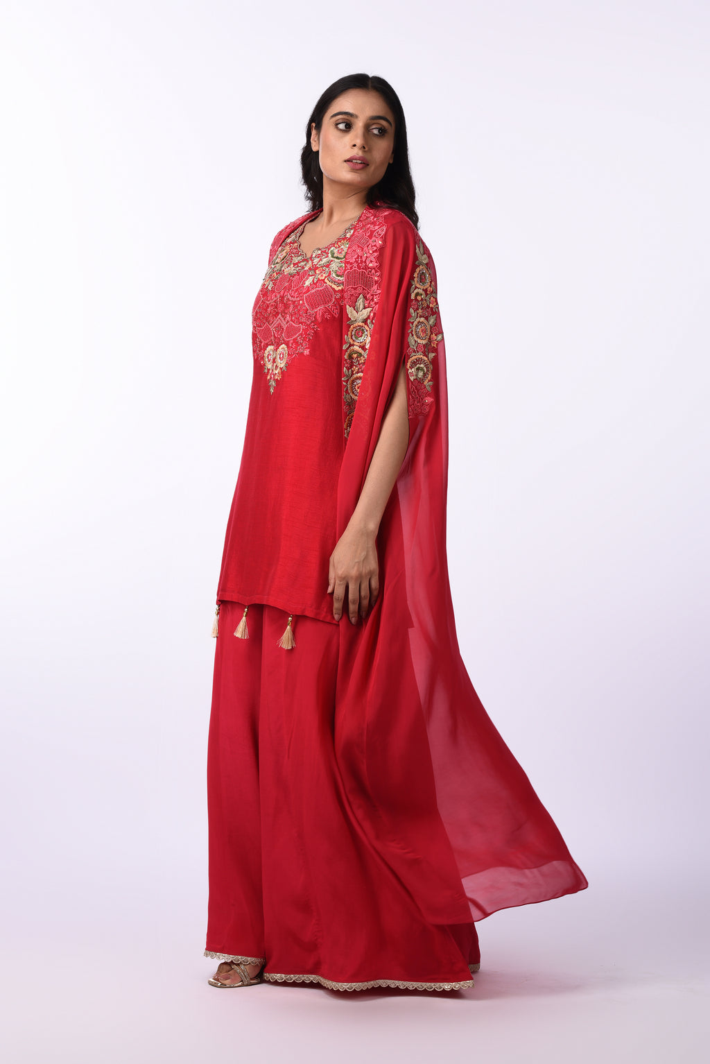 Crimson Red Embroidered Palazzo Suit Set with Tassel Dupatta