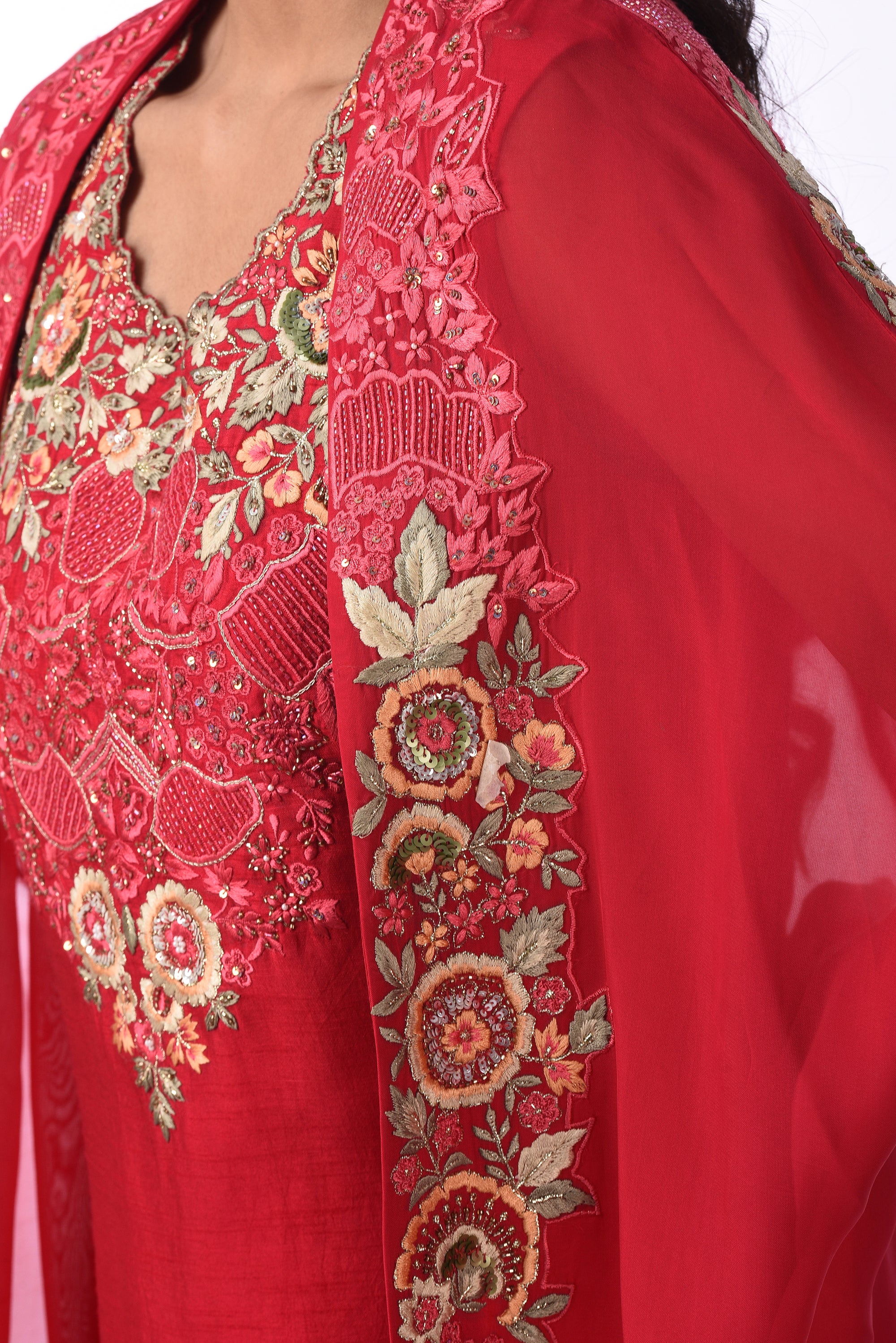 Crimson Red Embroidered Palazzo Suit Set with Tassel Dupatta