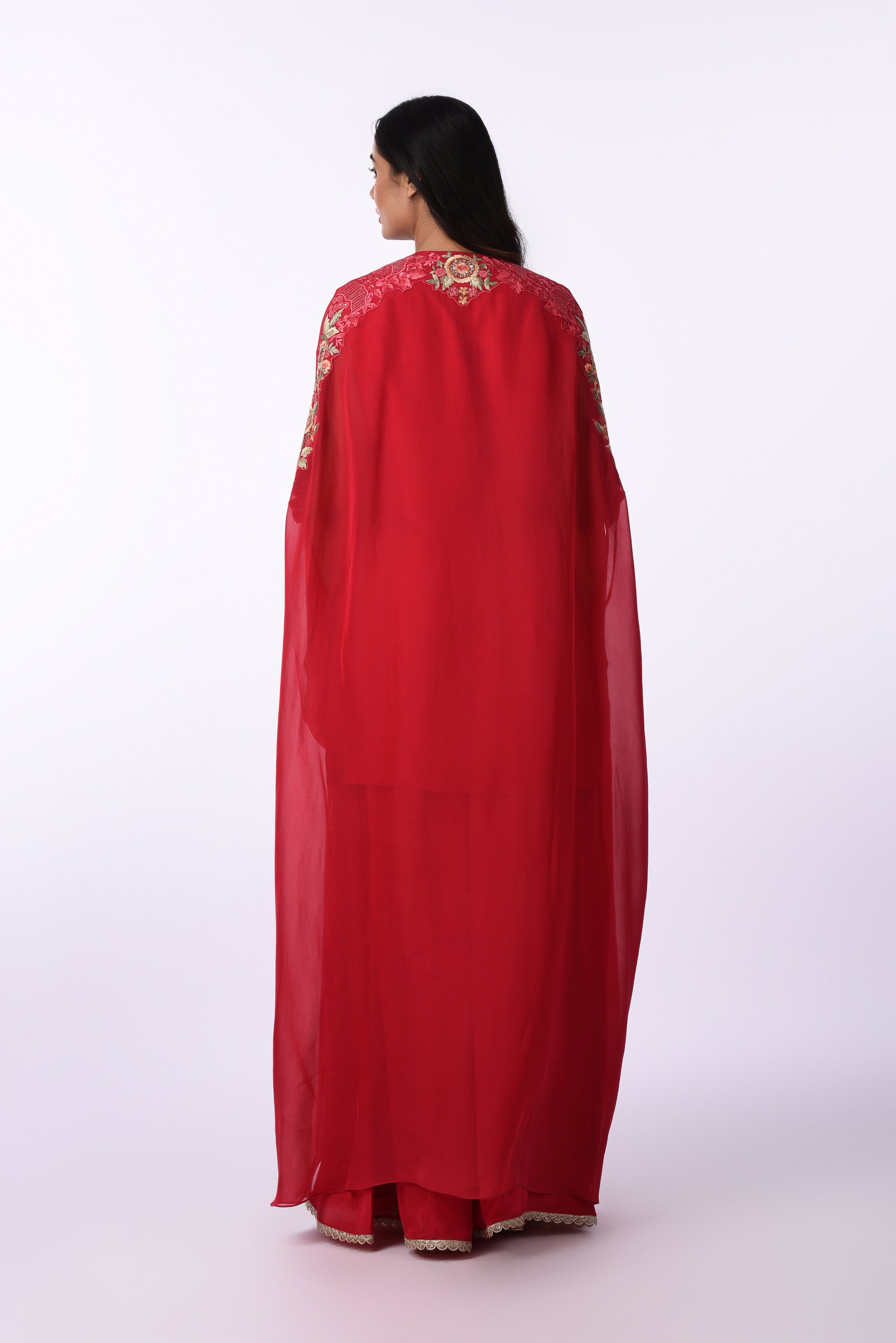 Crimson Red Embroidered Palazzo Suit Set with Tassel Dupatta