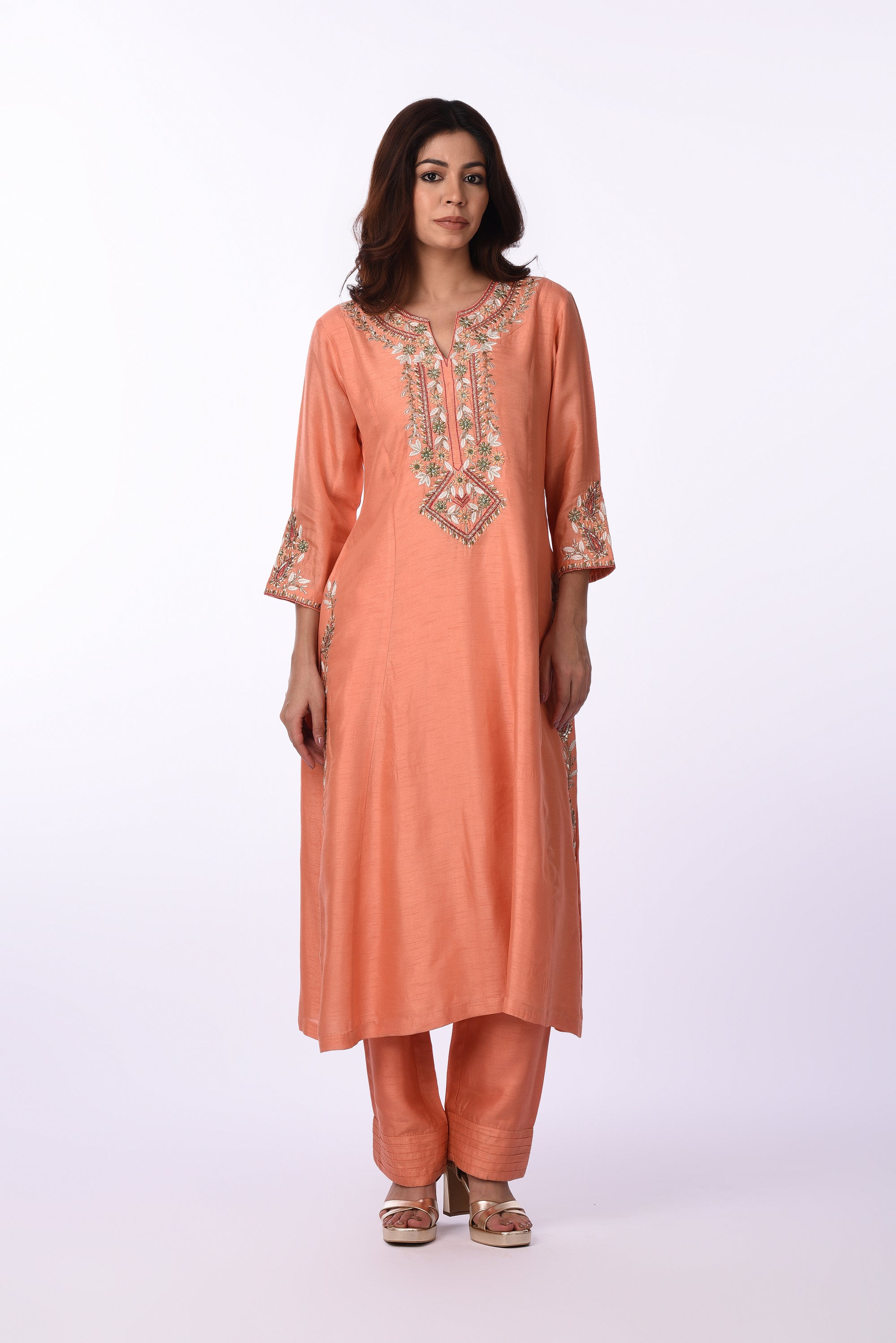 Peach Embroidered Silk Kurta Set