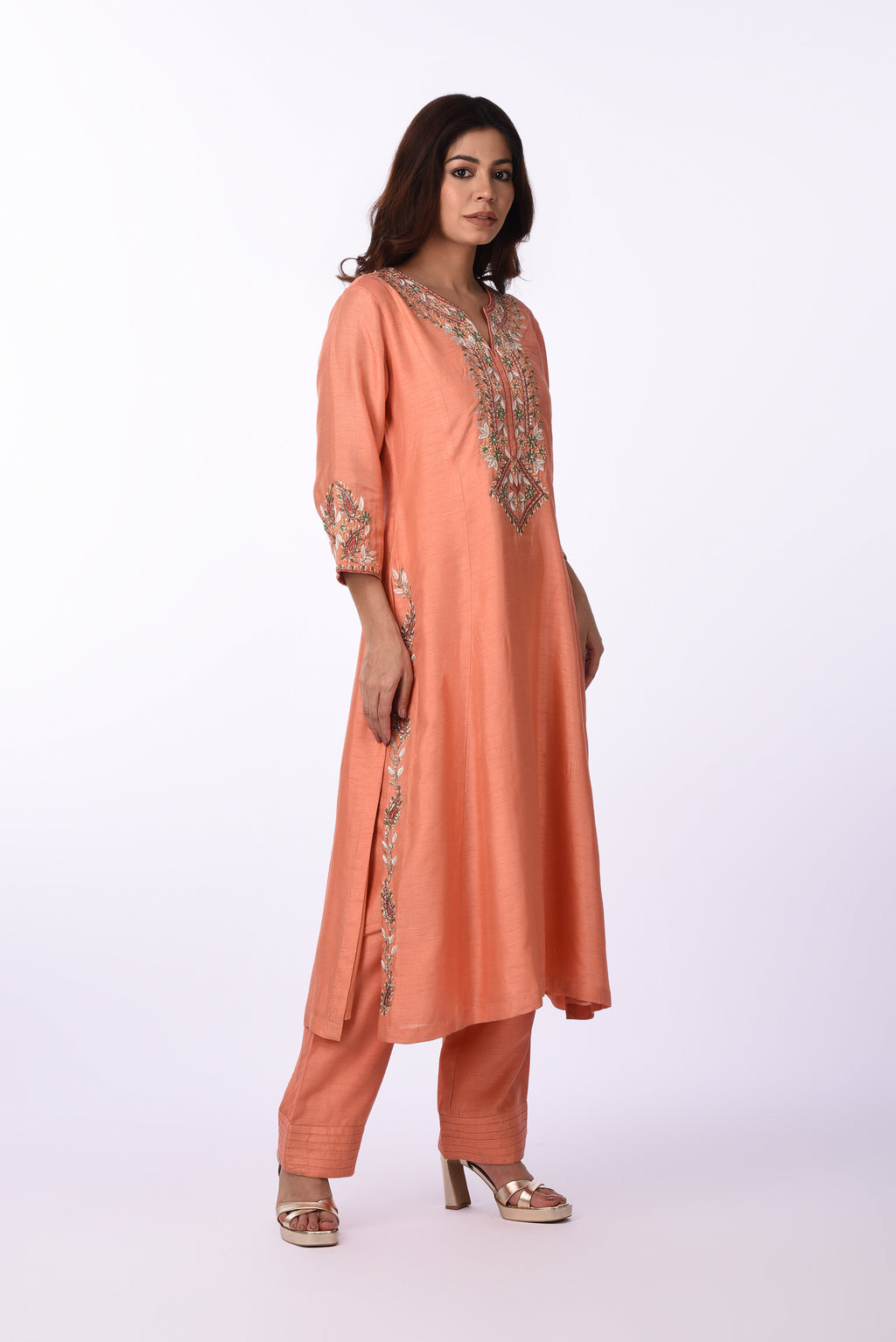 Peach Embroidered Silk Kurta Set