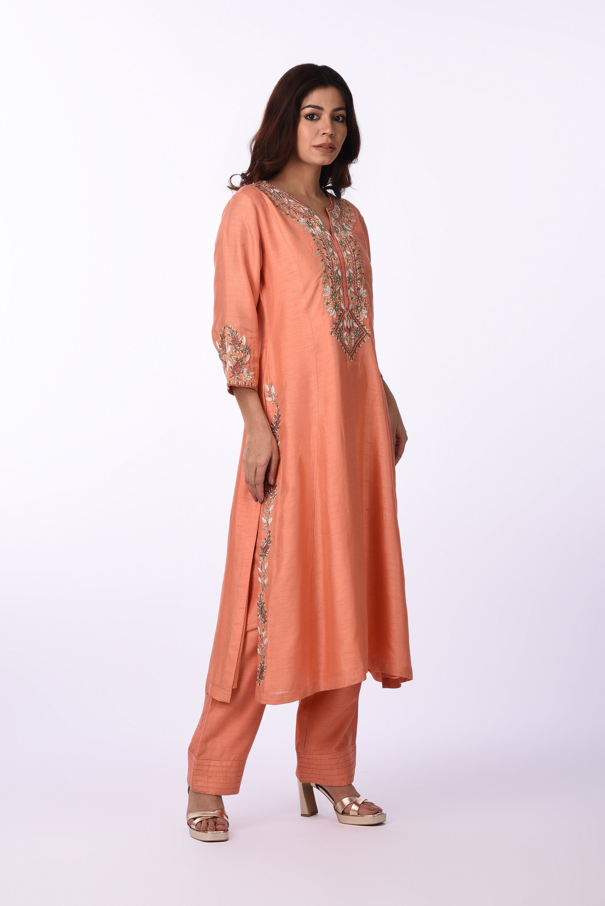 Peach Embroidered Silk Kurta Set