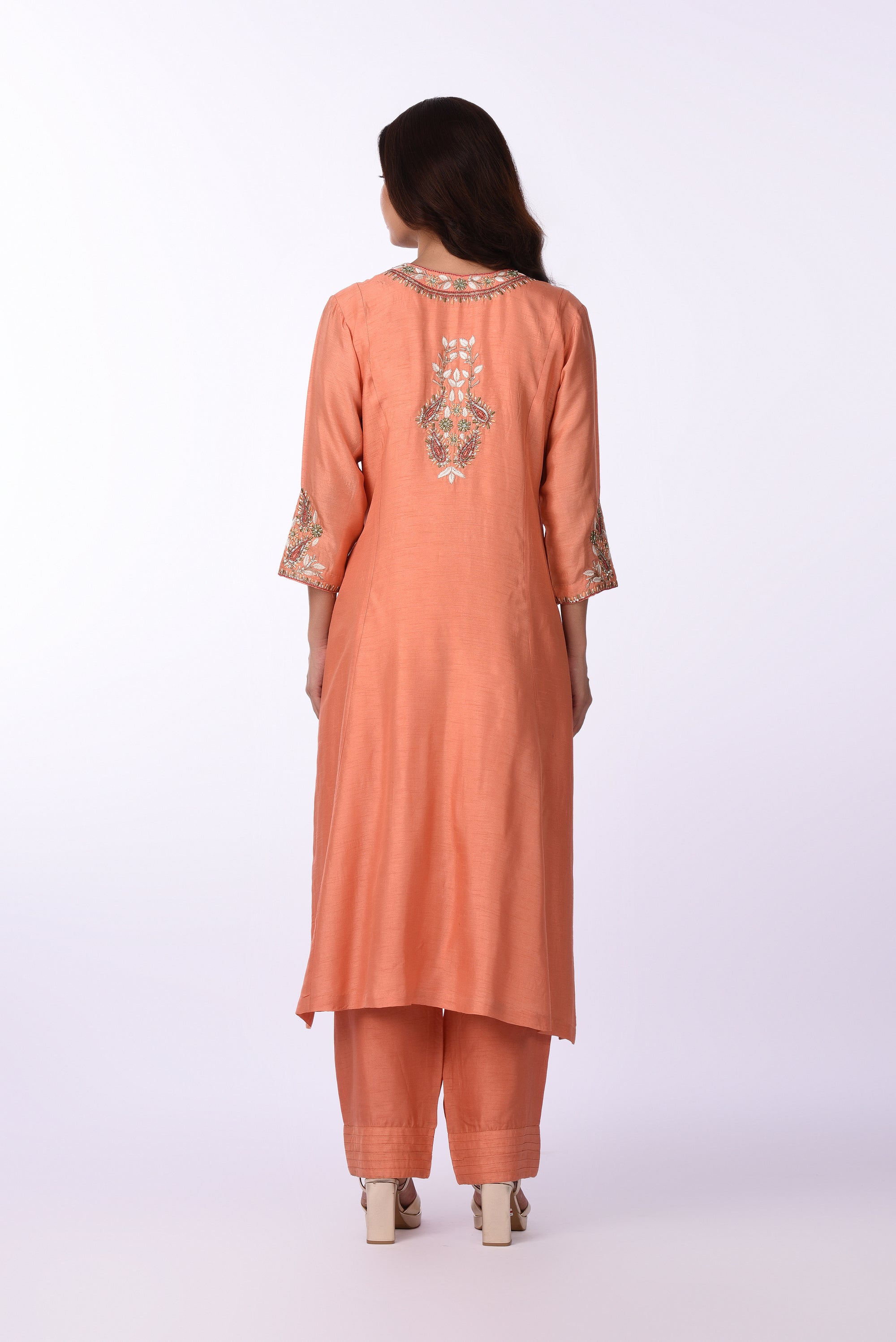 Peach Embroidered Silk Kurta Set