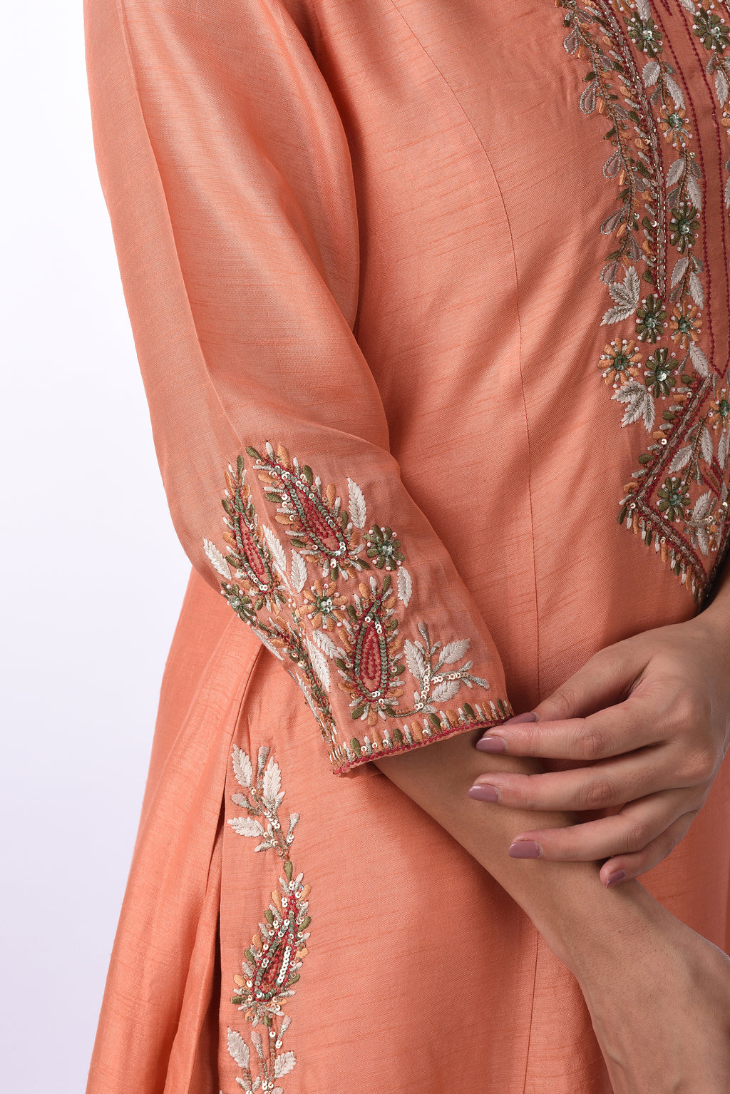 Peach Embroidered Silk Kurta Set