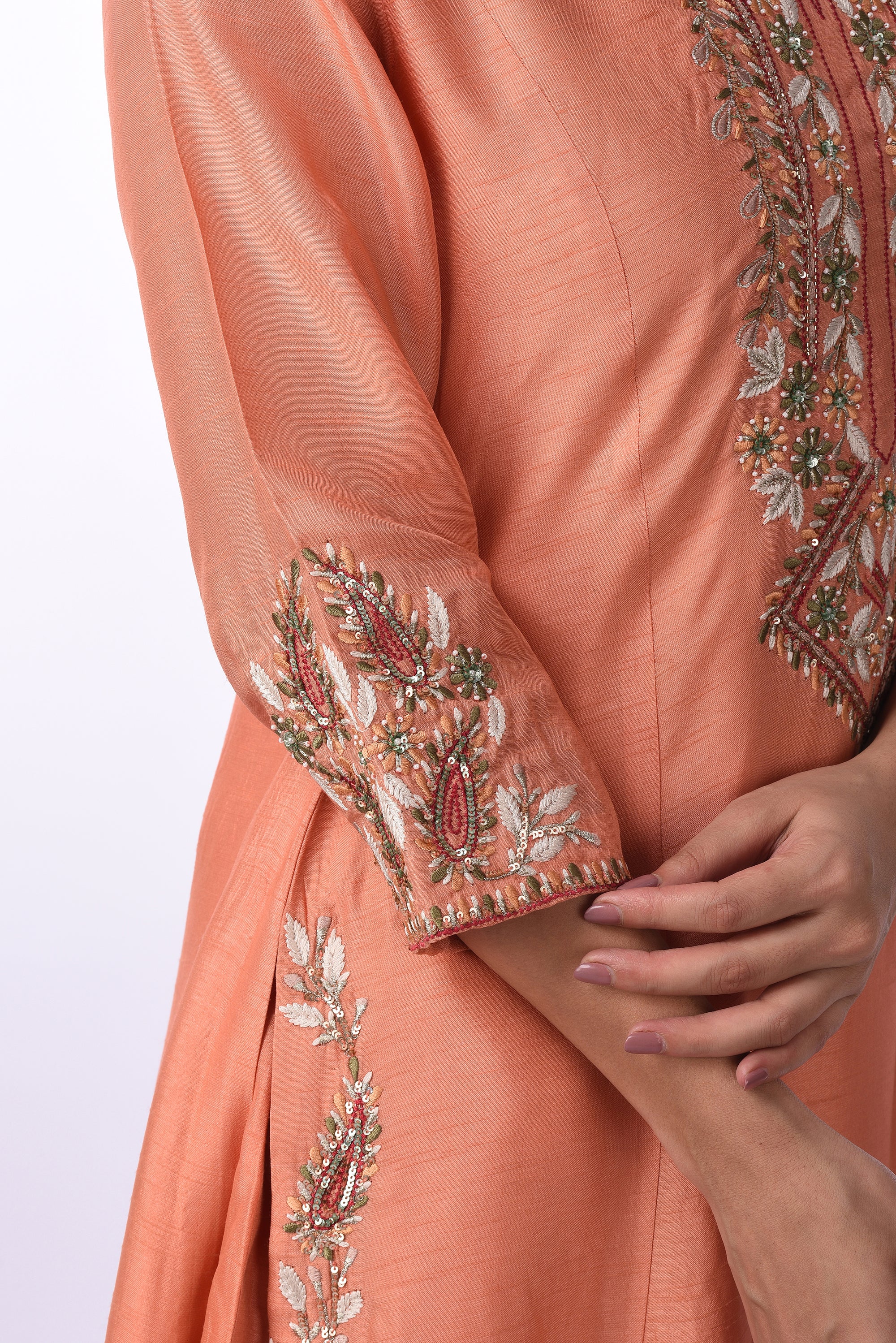 Peach Embroidered Silk Kurta Set