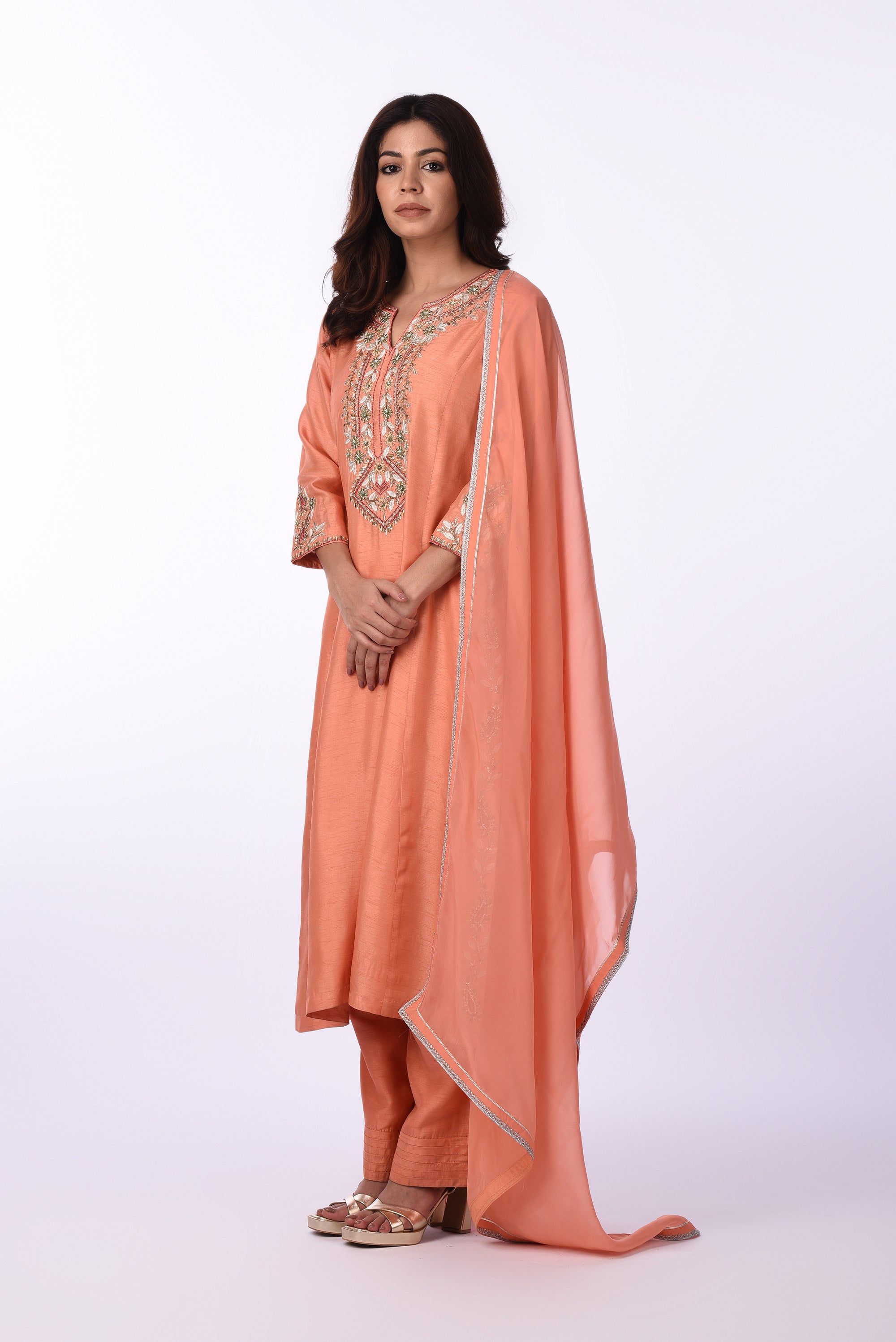 Peach Embroidered Silk Kurta Set
