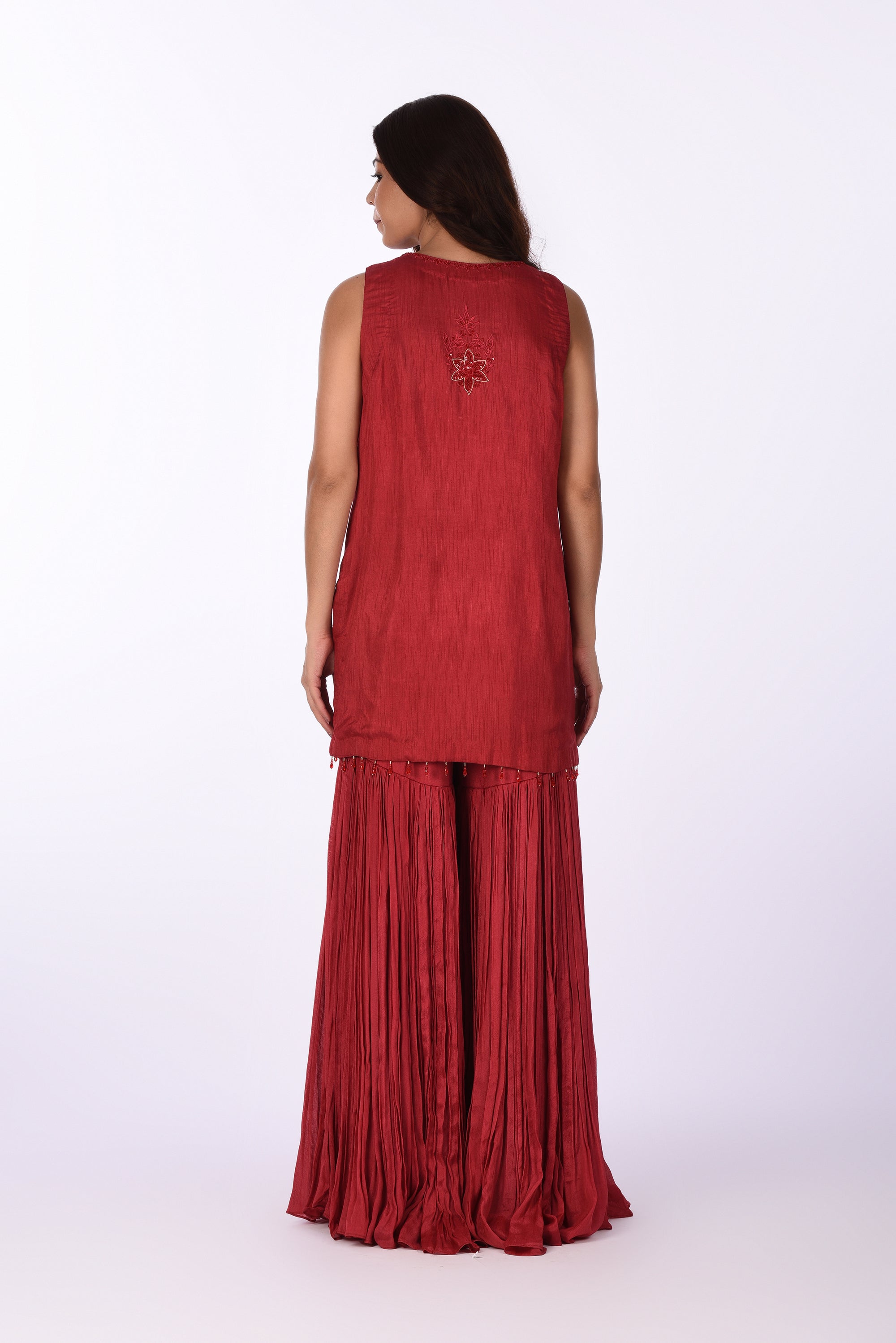 Embroidered Crimson Kurta with Sharara Pants