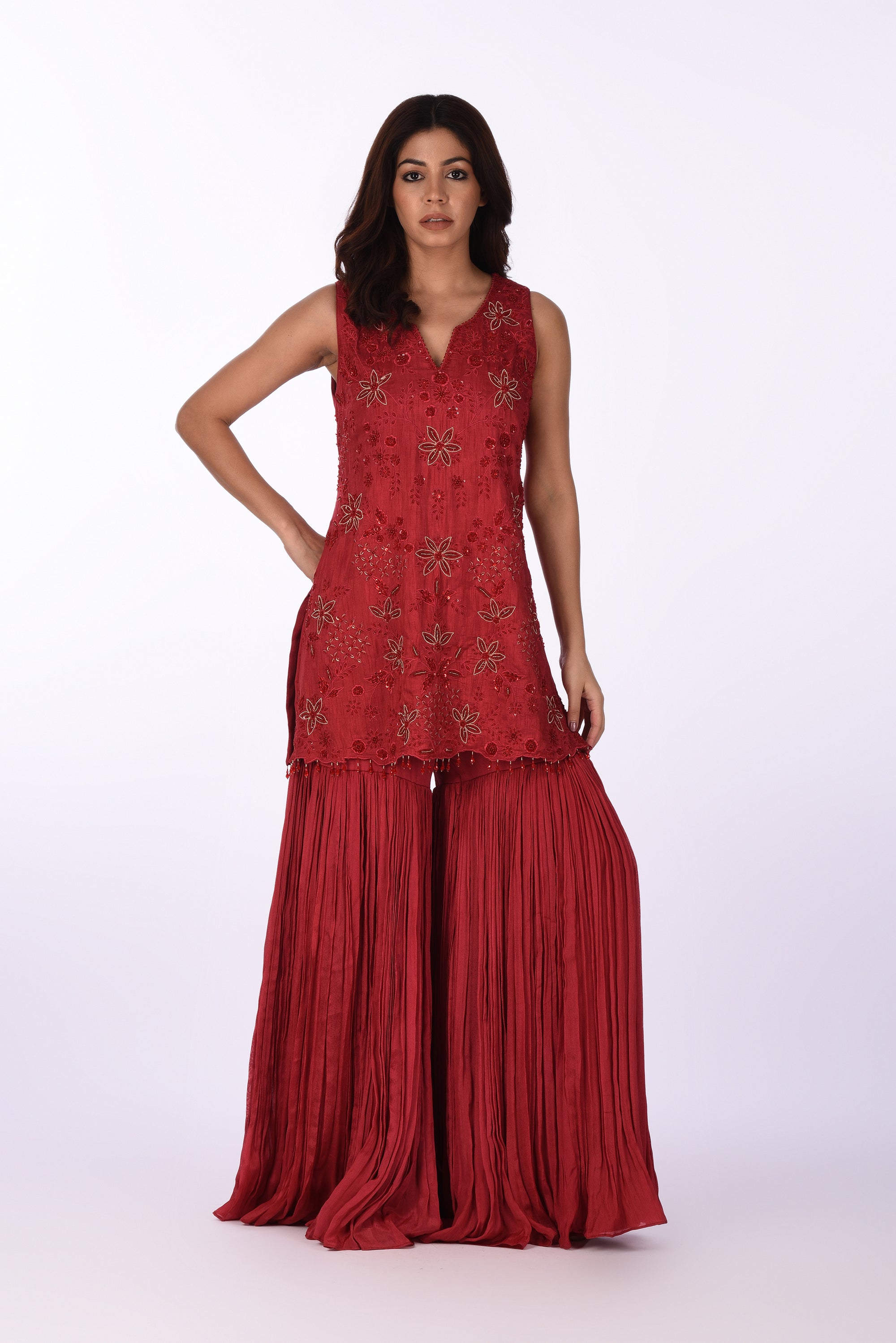 Embroidered Crimson Kurta with Sharara Pants