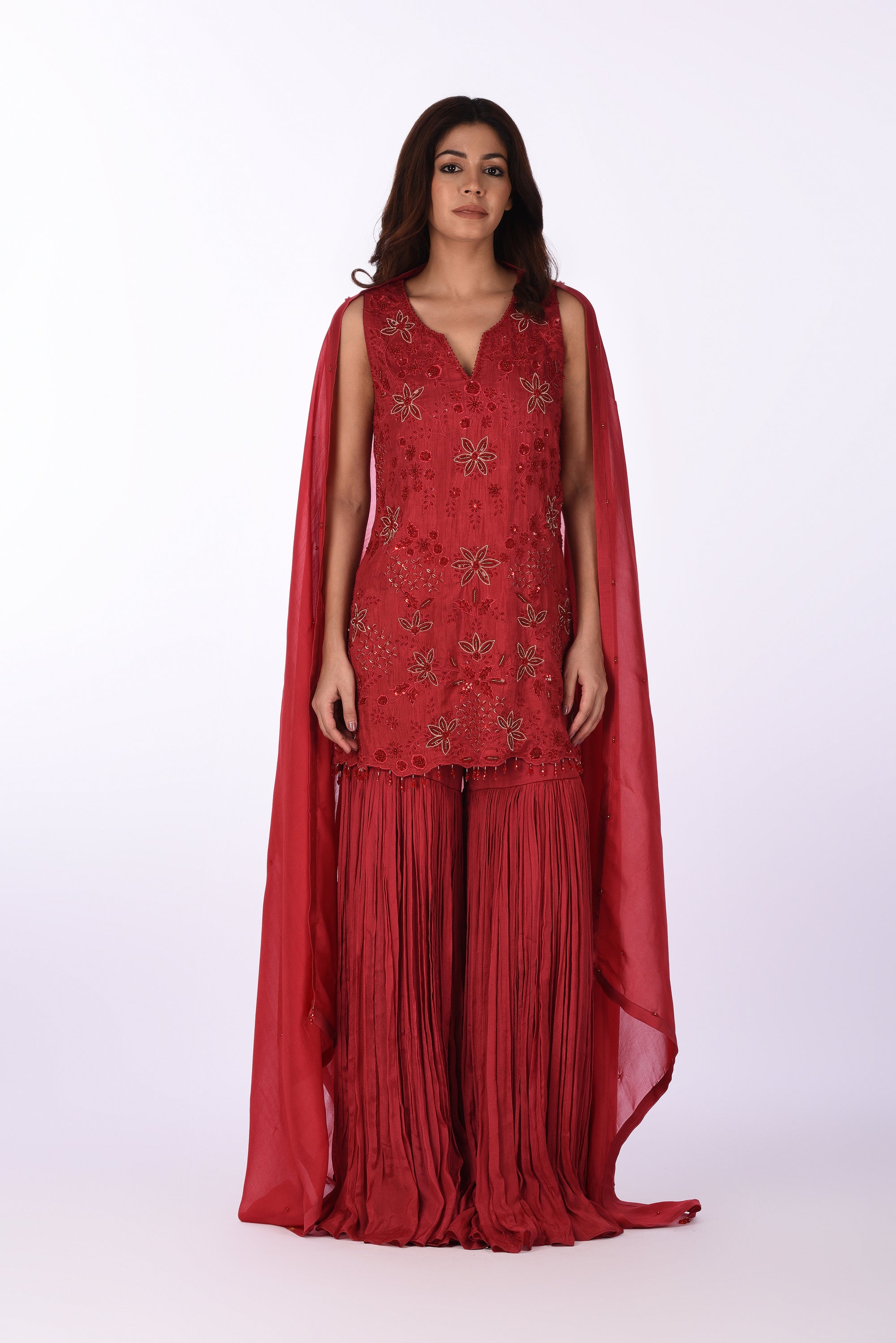 Embroidered Crimson Kurta with Sharara Pants