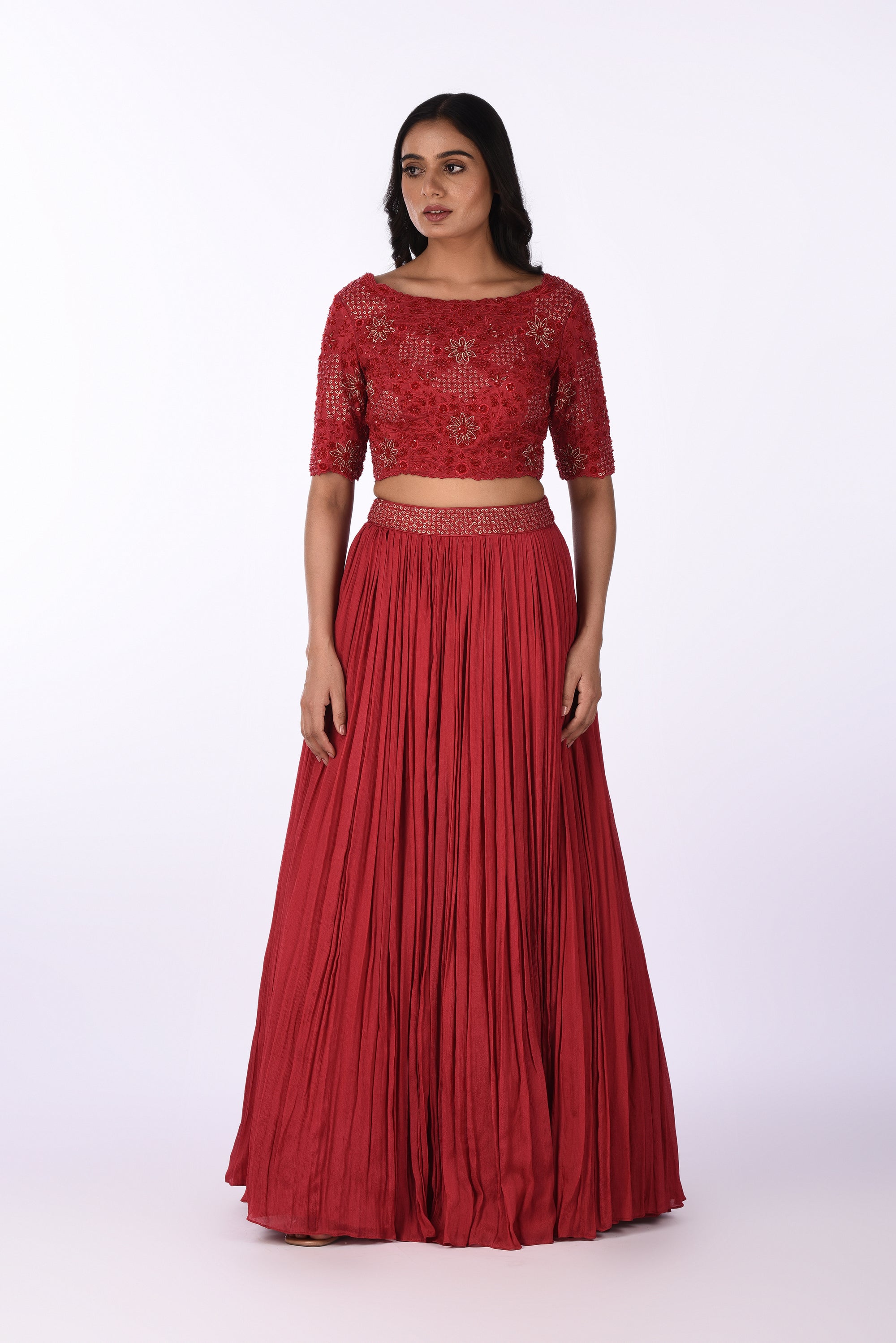 Cherry Red Embroidered Crop Top with Pleated Skirt Set