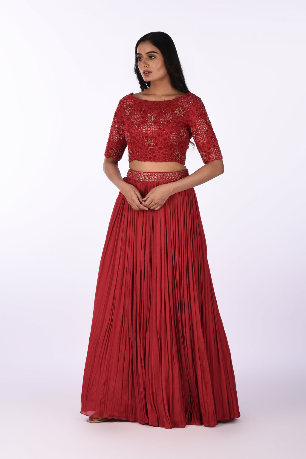 Cherry Red Embroidered Crop Top with Pleated Skirt Set