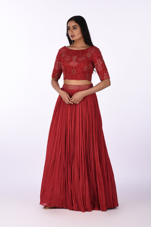 Cherry Red Embroidered Crop Top with Pleated Skirt Set