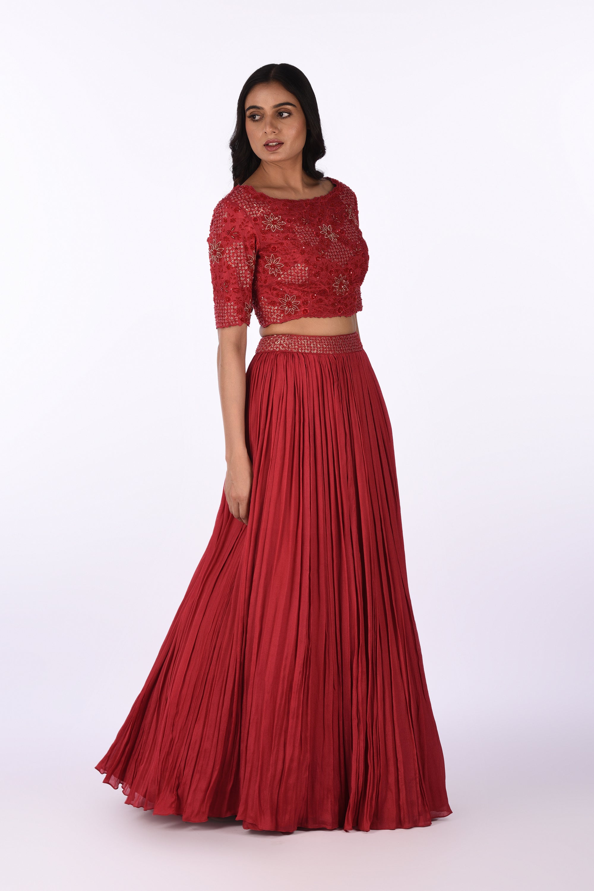 Cherry Red Embroidered Crop Top with Pleated Skirt Set