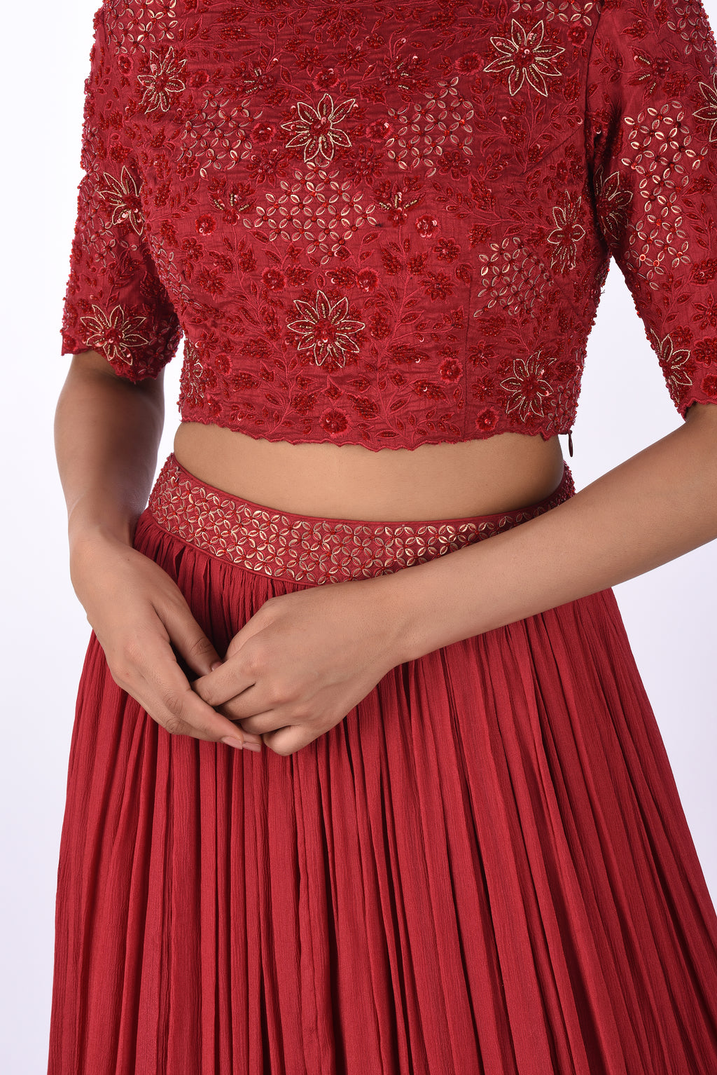 Cherry Red Embroidered Crop Top with Pleated Skirt Set