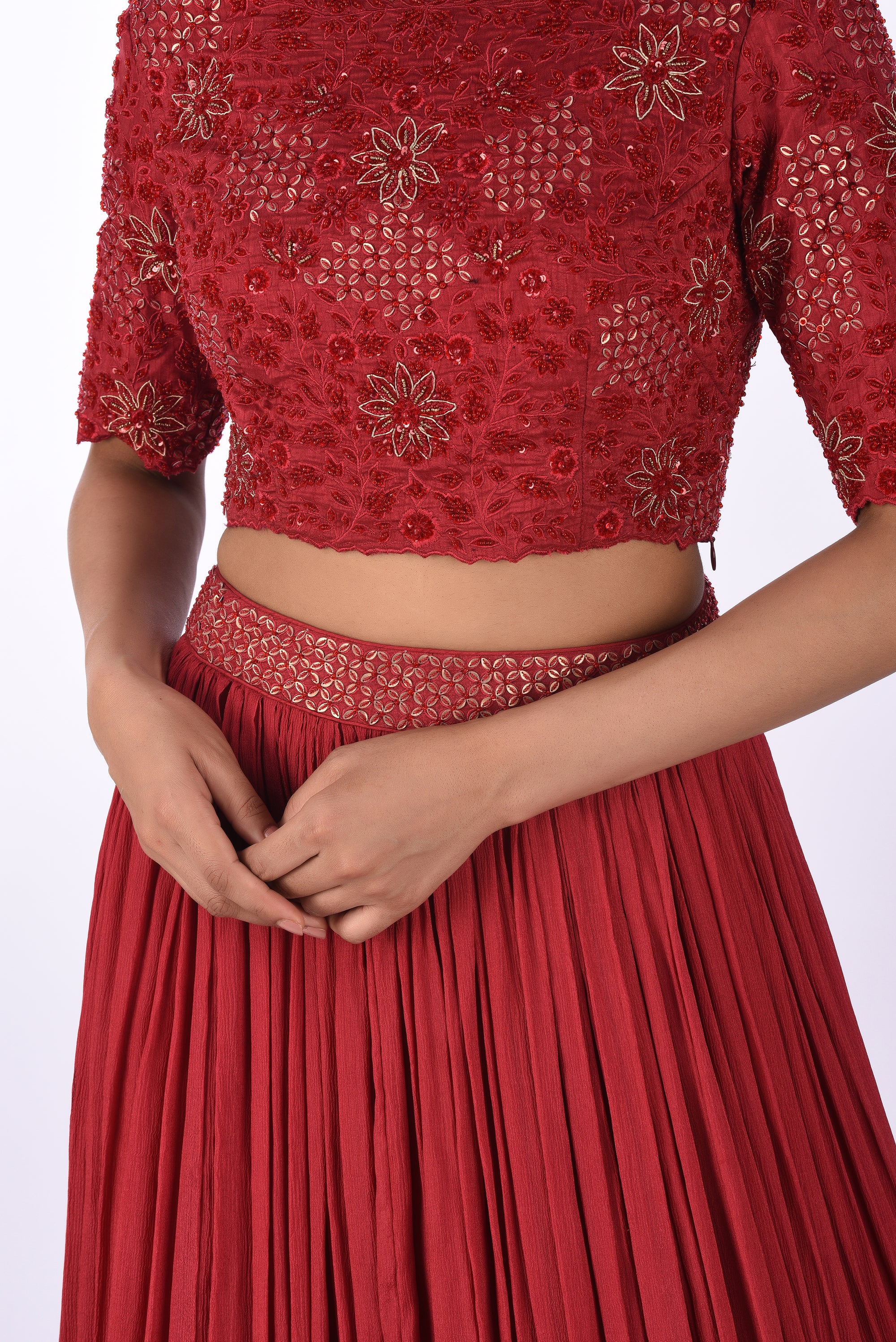 Cherry Red Embroidered Crop Top with Pleated Skirt Set