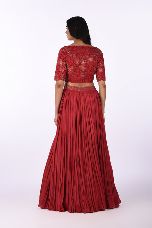Cherry Red Embroidered Crop Top with Pleated Skirt Set