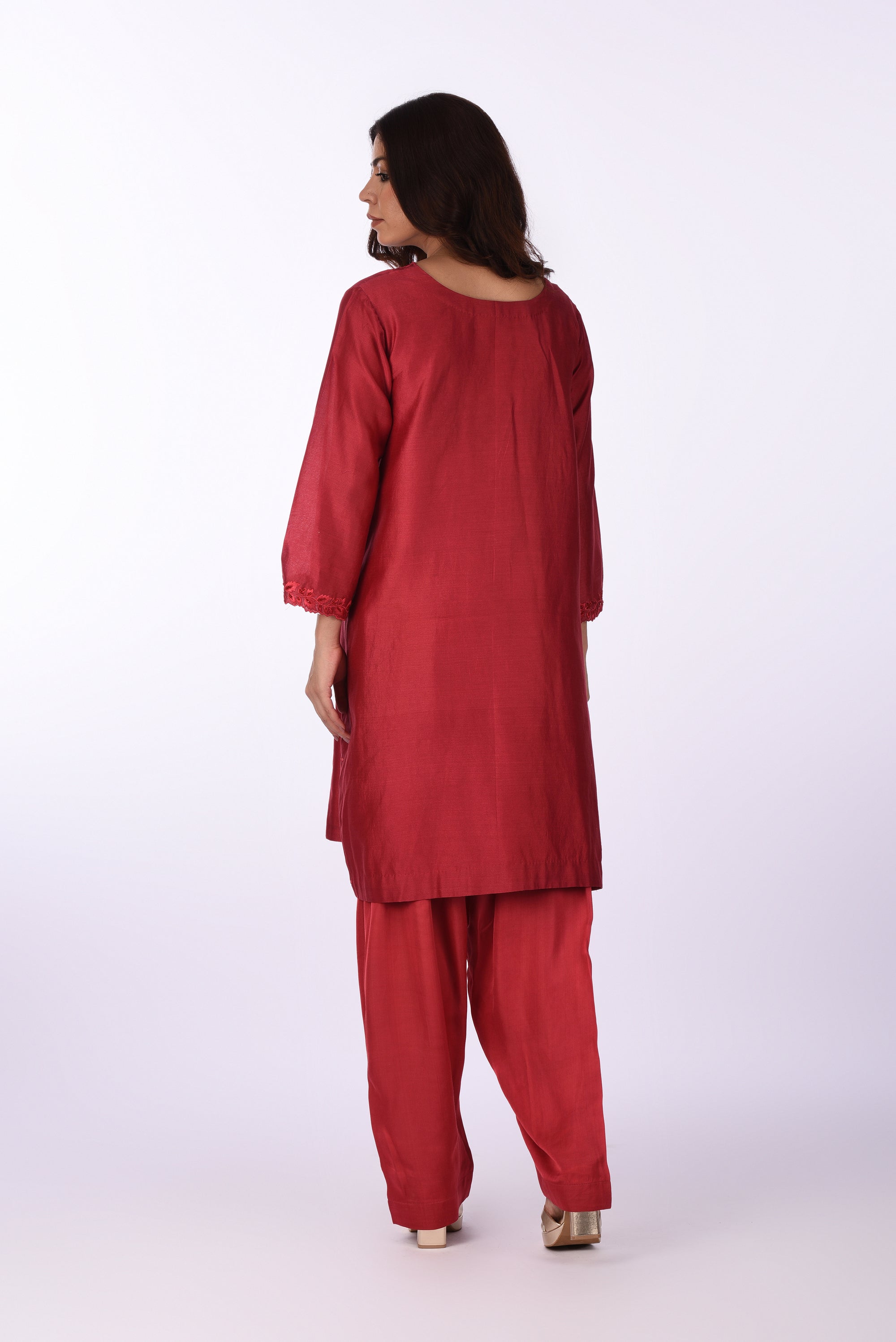 Cherry Red Straight Kurta Set with Tonal Embroidery