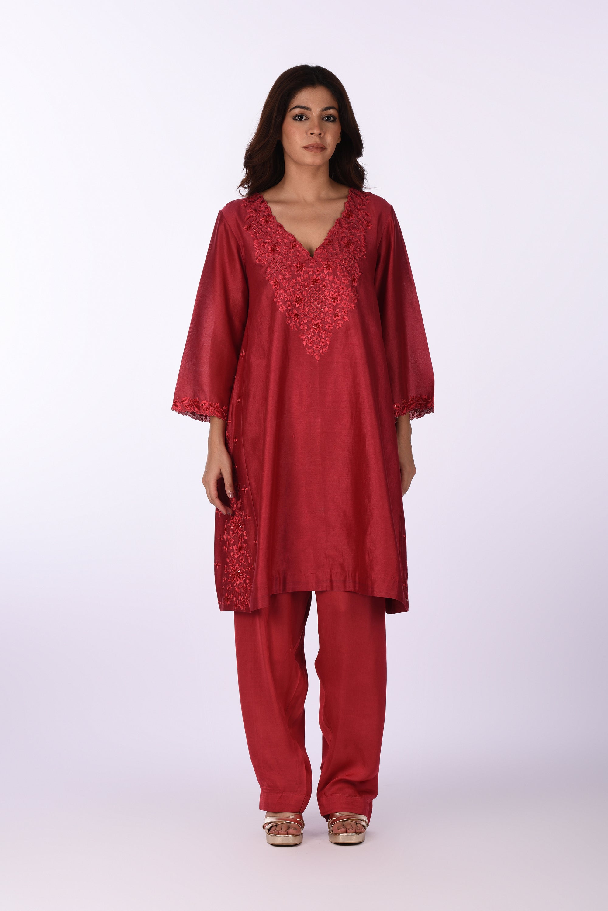 Cherry Red Straight Kurta Set with Tonal Embroidery